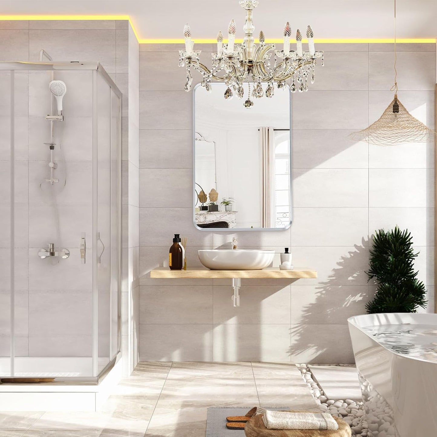 Wall Mount Mirror for Bathroom, Brushed Silver Metal Framed Rounded Corner Rectangular Vanity Mirror (20" x 30", Silver)