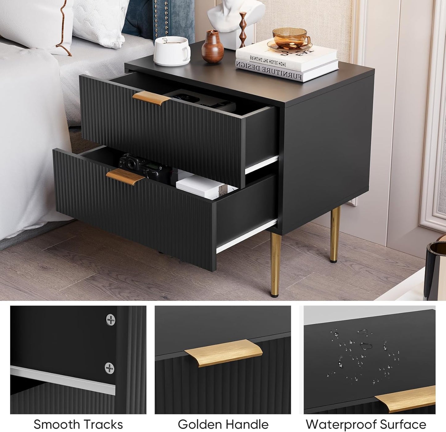 Black Nightstand for Bedroom, Fluted Night Stand Set of 2, Mid Century Modern Bedside Table with Gold Metal Legs