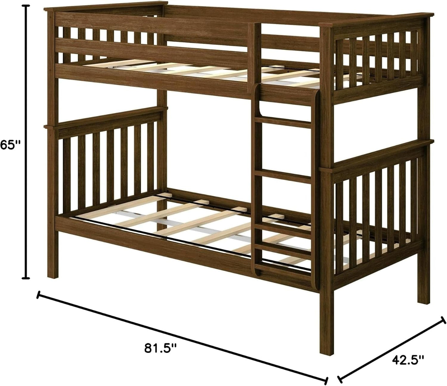 Max & Lily Bunk Bed Twin over Twin, Solid Wood Bunk Bed Frame with Ladder for Kids, 14" Safety Guardrails, Easy Assembly, No Box Spring Needed, Walnut