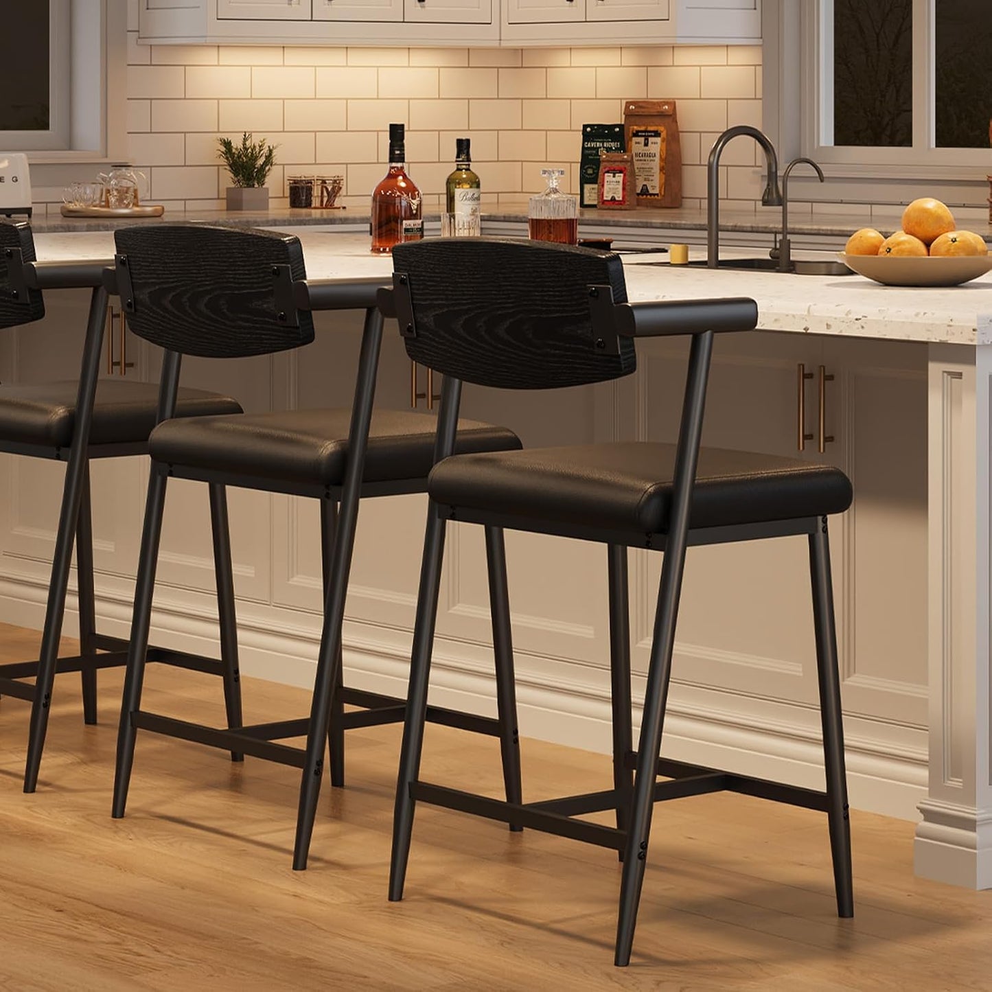 GarveeHome Counter Height Bar Stools Set of 2 with Arms, 26" Upholstered Modern Bar Stools Set with Wood Back & Footrest for Kitchen Island, Counter Bar, Wider Seat, Easy Assembly,Retro Black