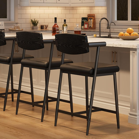 GarveeHome Counter Height Bar Stools Set of 2 with Arms, 26" Upholstered Modern Bar Stools Set with Wood Back & Footrest for Kitchen Island, Counter Bar, Wider Seat, Easy Assembly,Retro Black