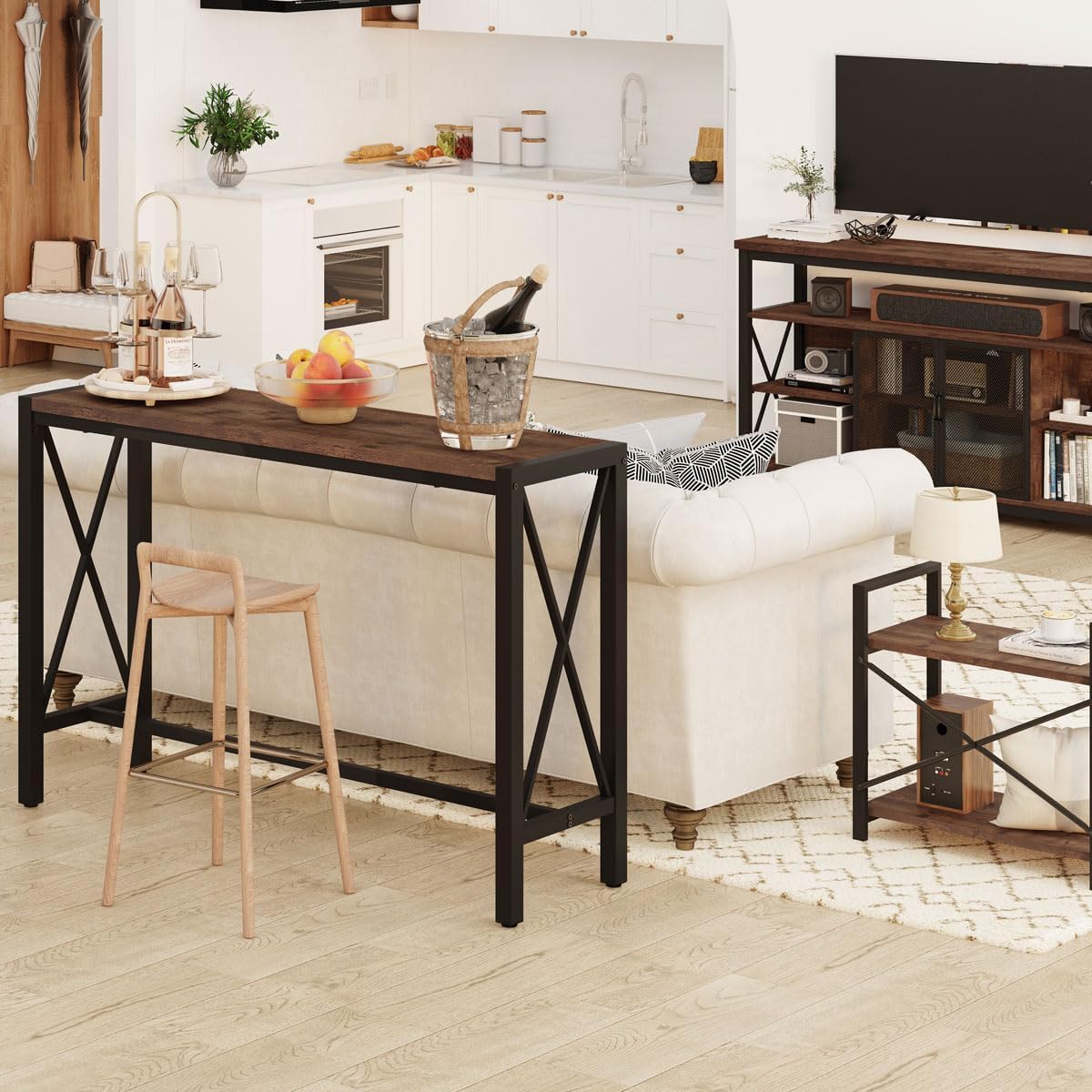 BON AUGURE Bar Table, 55 in Counter Height Pub Tables, Rectangular Tall Behind Couch Sofa Table, High Top Wood Console Tables for Home, Living Room, Kitchen (Rustic Oak, 36.6)