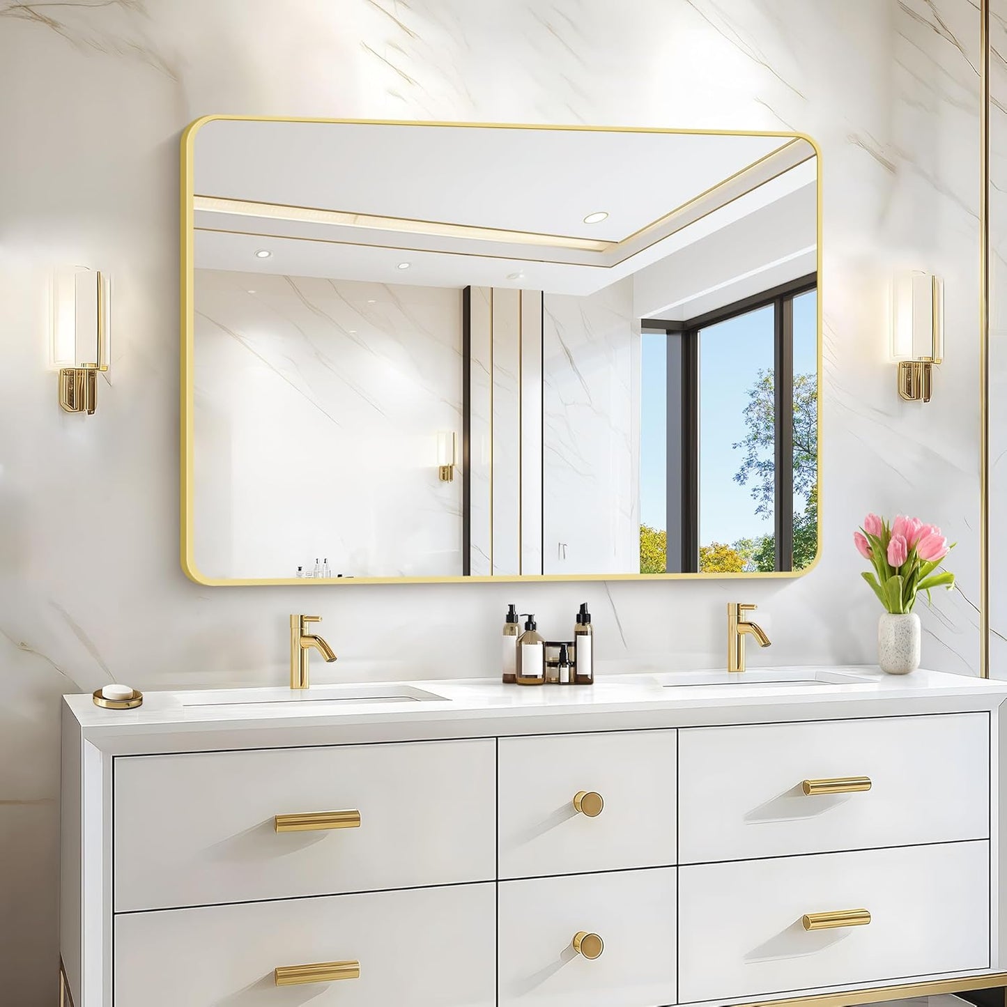 36"x48" Bathroom Mirror, Gold Rectangle Mirror, Large Rectangular Wall Mirror, Rounded Corner Vanity Mirror with Aluminum Metal Frame for Bathroom Bedroom Living Room Horizontal/Vertical