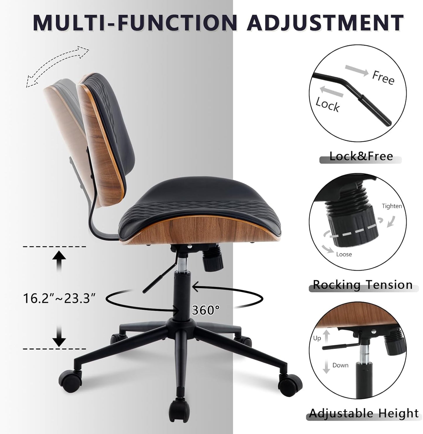 Home Office Chair No Arms with Wheels, Adjustable Height Small Desk Chair, PU Leather Mid Back 360 Swivel Computer Chair, Armless Modern Walnut Chair for Office, Reading Meeting Room(Black)