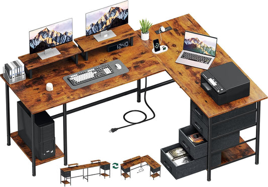 66" L Shaped Computer Desk with Power Outlets, Home Office Desk with 4 Adjustable Storage Drawers & 2 Monitor Stands, Large Two Person Gaming Table for Writing Study, Rustic Brown