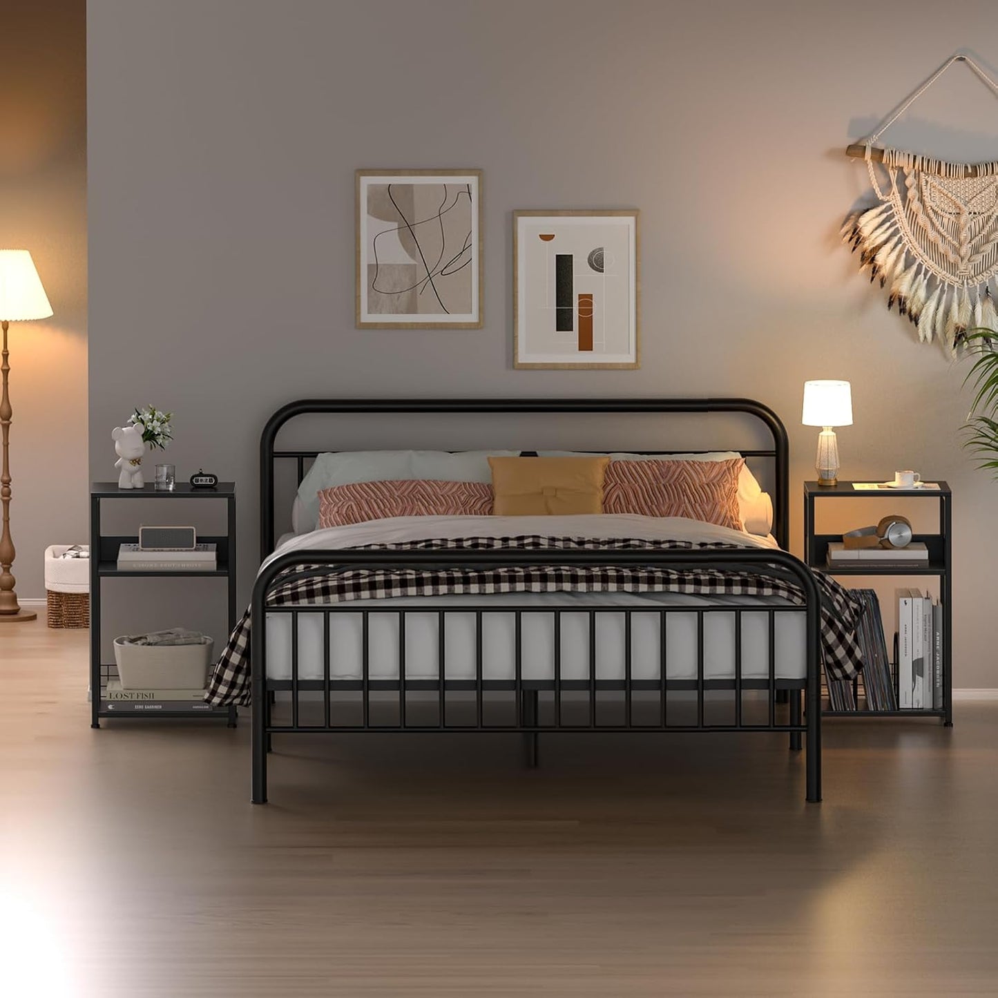 LELELINKY Side Table with Storage, Black Night Stand for Small Spaces, 3 Tier Industrial Wooden Record Player Holder with Vinyl Storage Shelf, End Tables Printer Stand for Bedroom