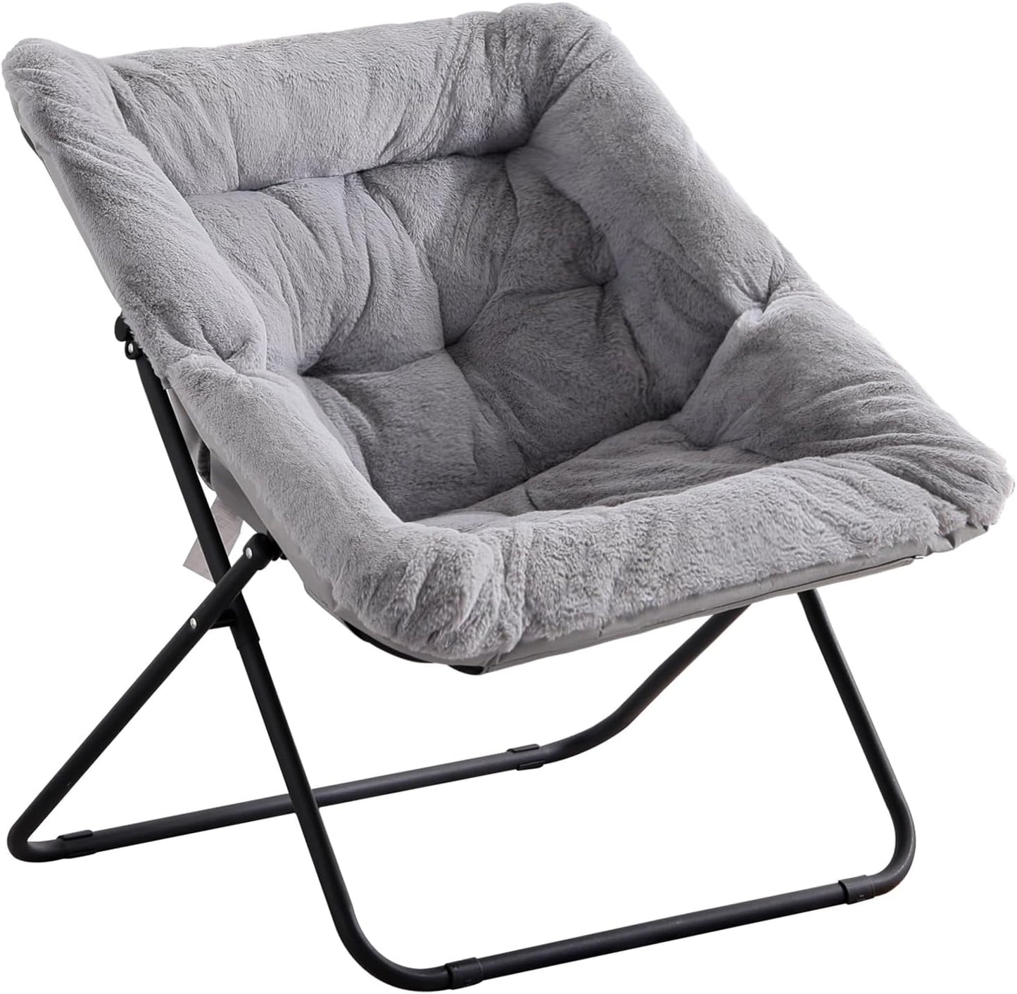 Comfy Dorm Chair - Oversized Folding Saucer Chair with Soft Faux Fur, Metal Frame, for Bedroom, Living Room, Balcony, Patio, Study, Playroom (Grey)