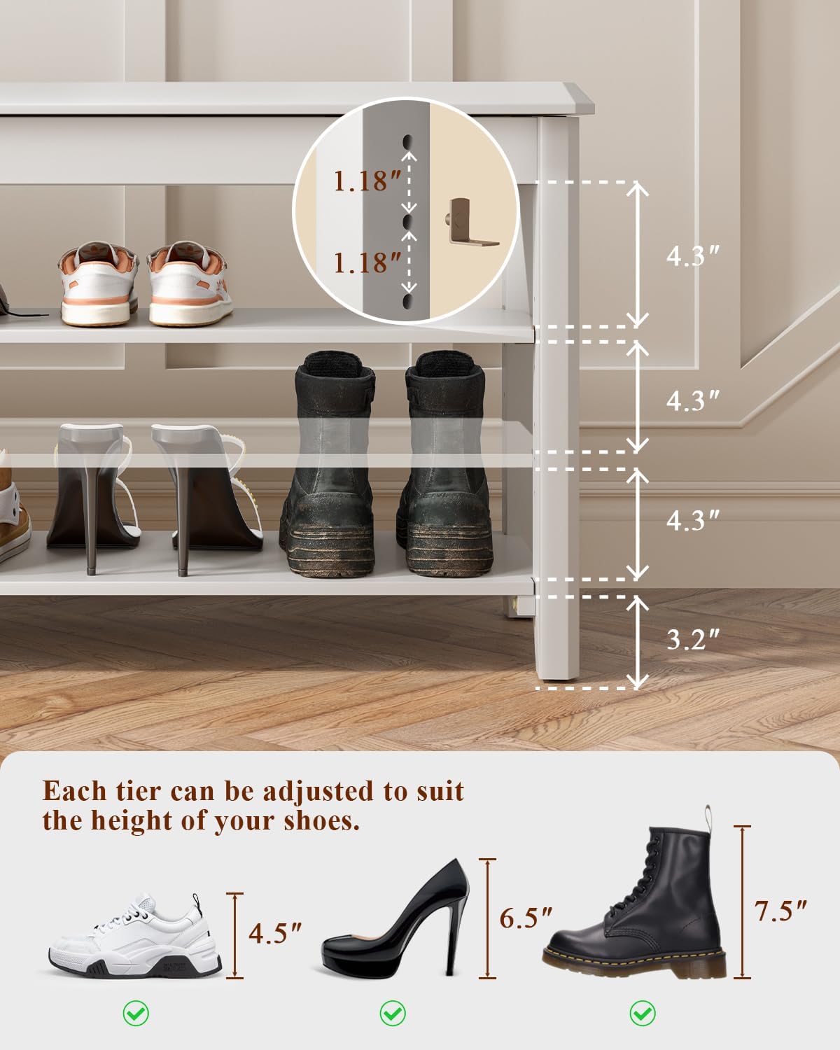 Shoe Rack Bench Seat Rubberwood 3-Tier Wooden Storage Bench 550lbs Compact Mid-Century Modern Design for Entryway, Hallway, Closet, Front Door Entrance, Foyer