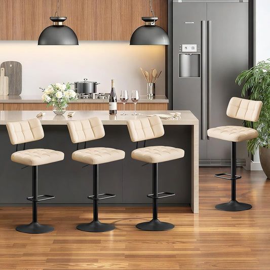 Furniliving Upholstered Bar Stools Set of 4, Faux Leather Swivel Bar Stools with Back, Adjustable Counter Height Barstools for Kitchen Island, Dining Space, Beige