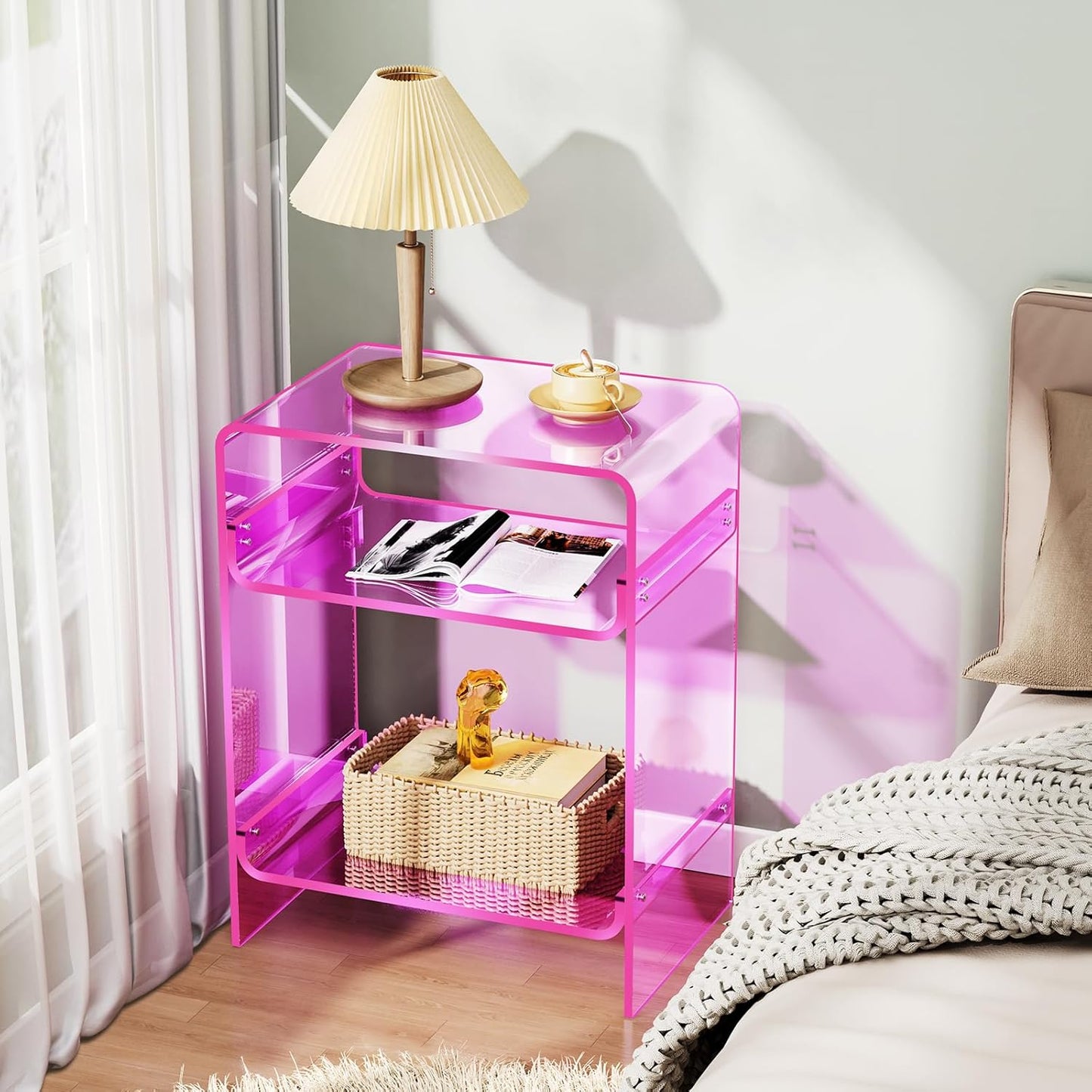 Acrylic Record Player Table with Storage Shelf, Clear Side Table Nightstand (Pink)