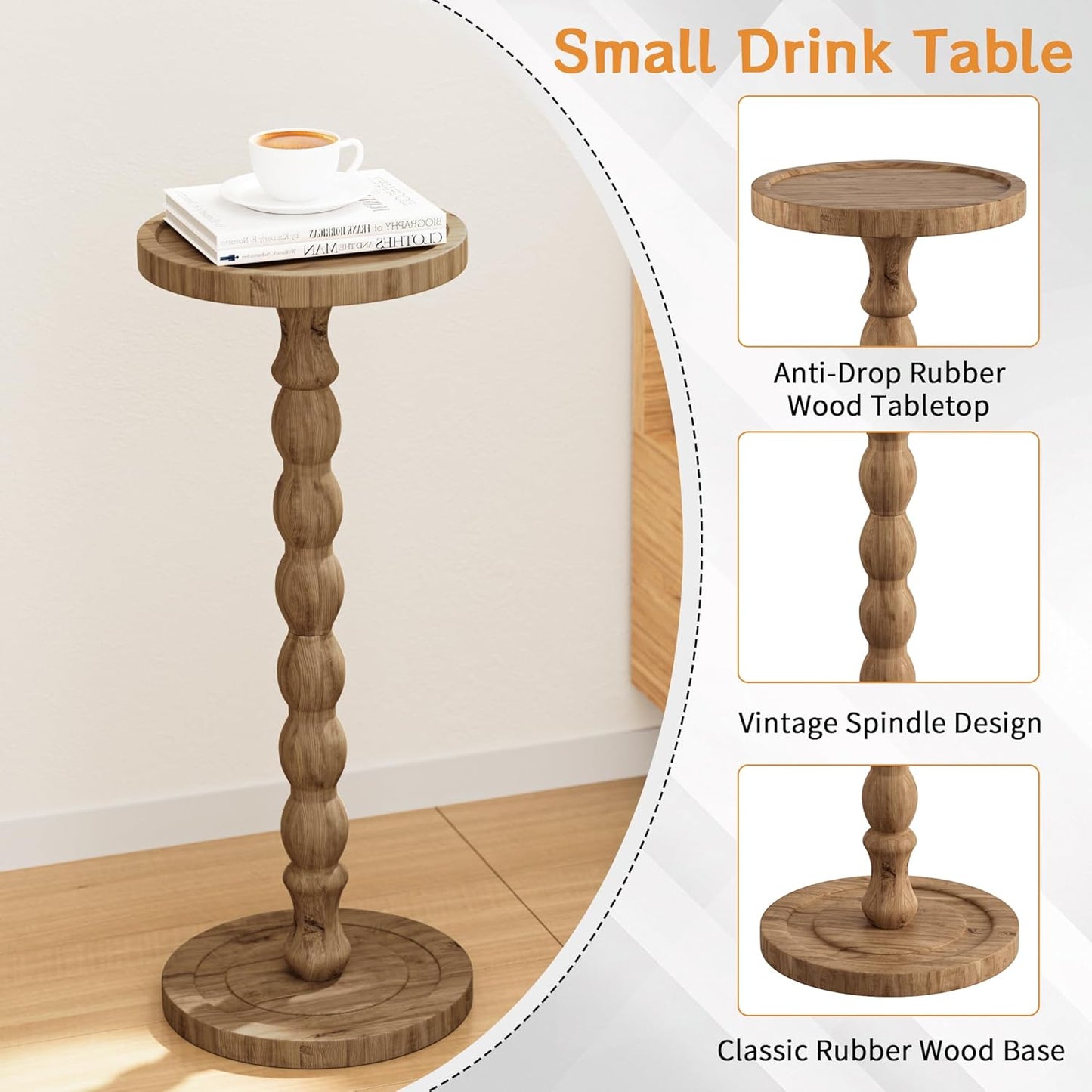 2 Pack Solid Wood Drink Table, Rubber Wood‌ Small Round Side Table for Small Spaces, Martini Tables, Pedestal End Tables for Living Room, Bedroom, Corners, and Office (Brown, 9.4 inch)