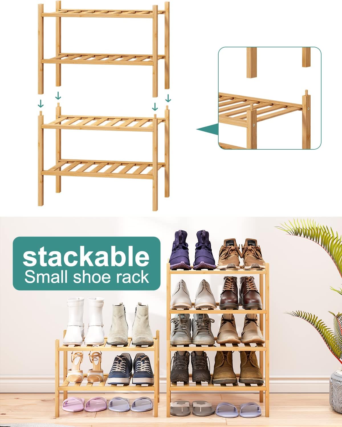 Small Shoe Rack, 2-Tier Shoe Rack for Entryway, Bamboo Wood Shoe Shelf for Closet & Hallway, Long 17.2IN | Beautiful | Functional | Sturdy | Durable