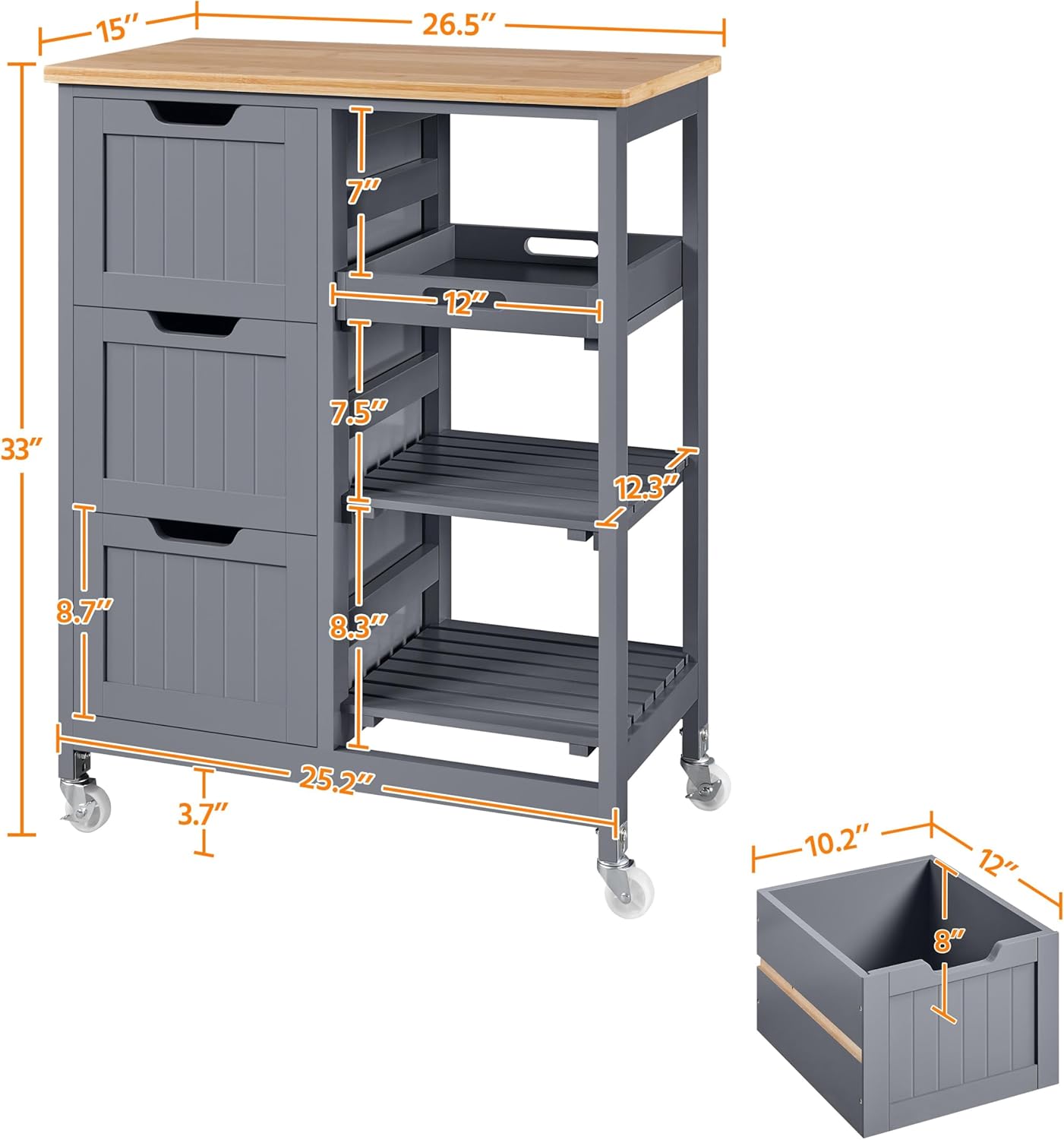 Yaheetech Kitchen Island Cart on Wheels with Storage, Rolling Bar Cart with Solid Wood Top and 3 Drawers, 3 Removable Shelves, Serving Utility Carts for Dining Room/Small Kitchen, Dark Gray