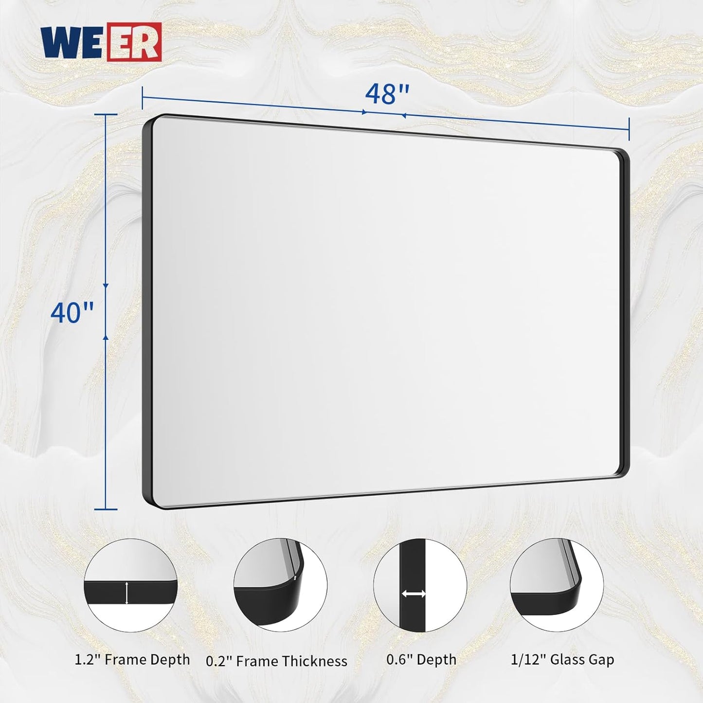 WEER Black Bathroom Mirror for Wall, 48X40 Inch Matte Black Mirror, Rectangular Black Metal Framed Vanity Mirror with Tempered Glass, Rounded Corner, Anti-Rust (Horizontal/Vertical)