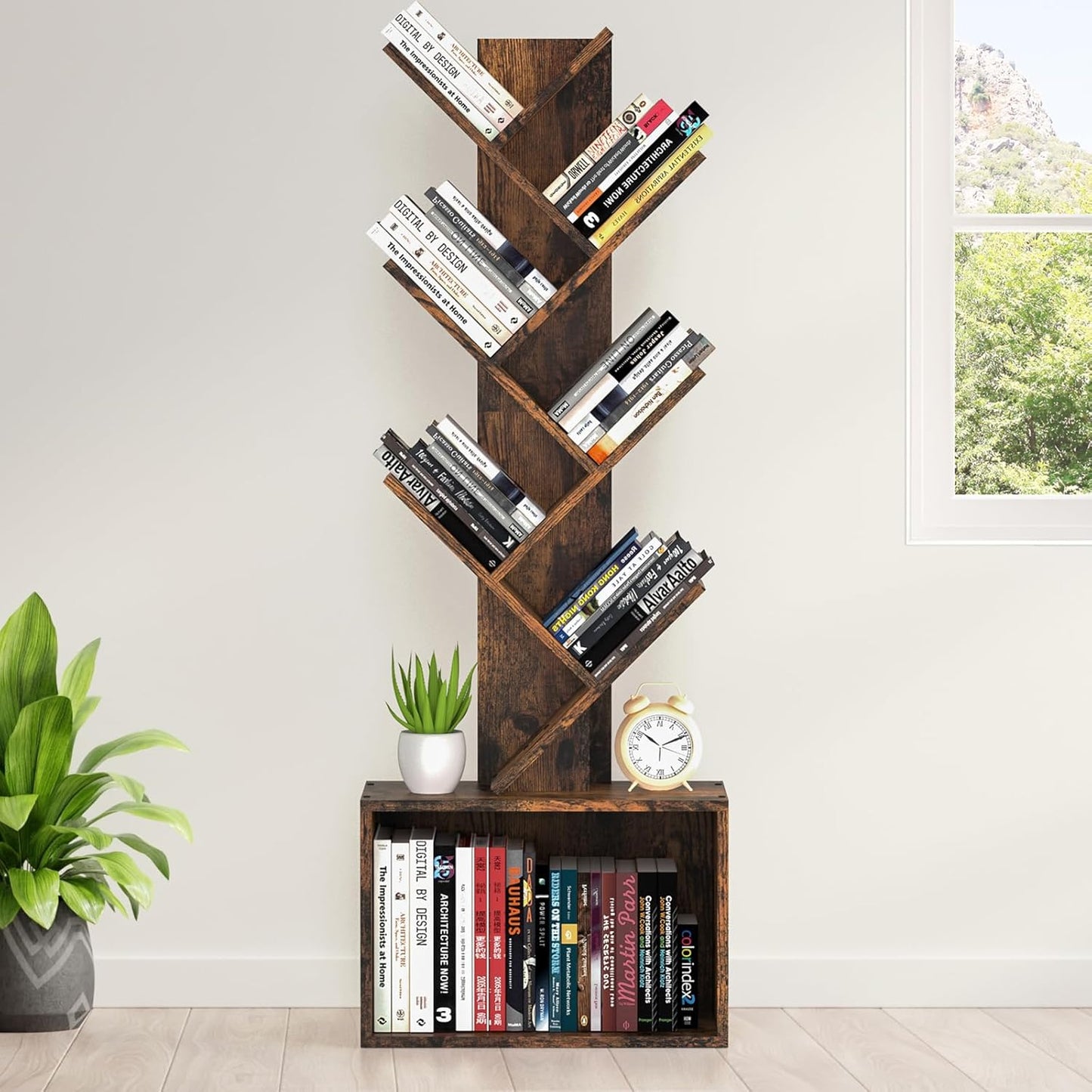 6 Tier Tree Bookshelf, Sturdy Retro Floor Standing Wood Bookcase, Storage Rack for Home Office, Living Room, Bedroom, Reading Spot, Heavy Book Organizer Shelves for CDs/DVDs/Movies
