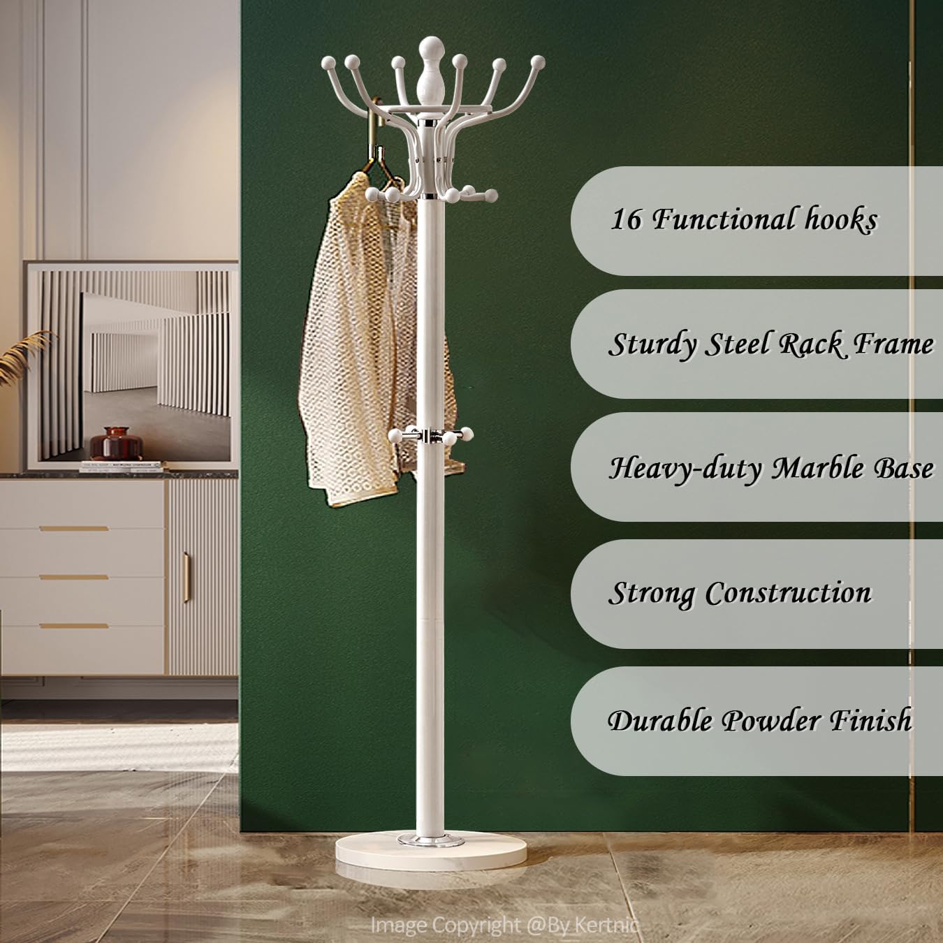 Kertnic Freestanding Coat Rack with 16 Hooks & Marble Base - Heavy Duty Metal Hall Tree Stand for Entryway, Hats, Coats, Bags Rack- Modern Hanger Organizer for Home, Office, Dorm (16 hooks -White)