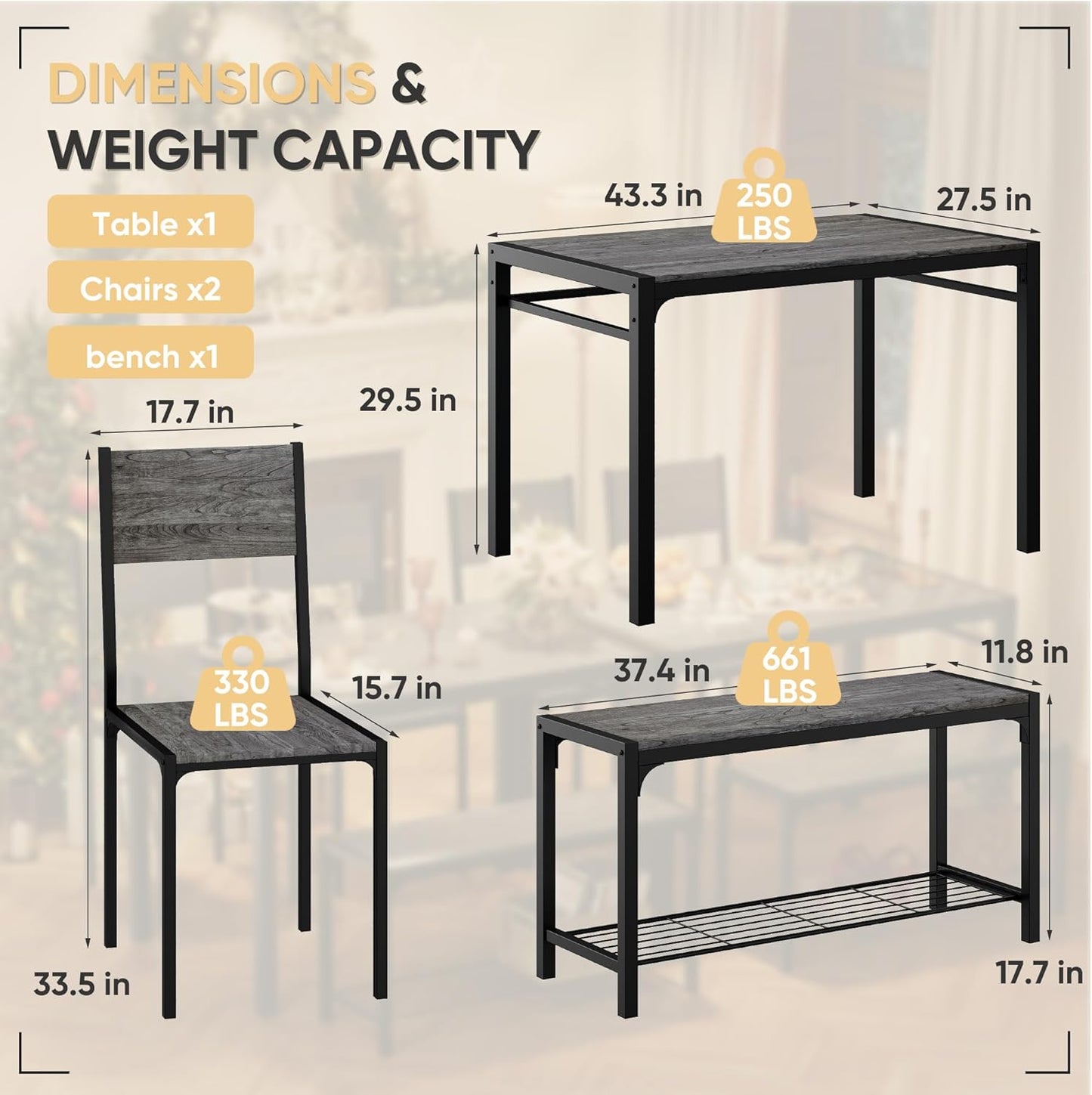 Shahoo Kitchen Table and 2 Chairs for 4 with Bench, 4 Piece Dining Sets for Small Space, Dark Grey