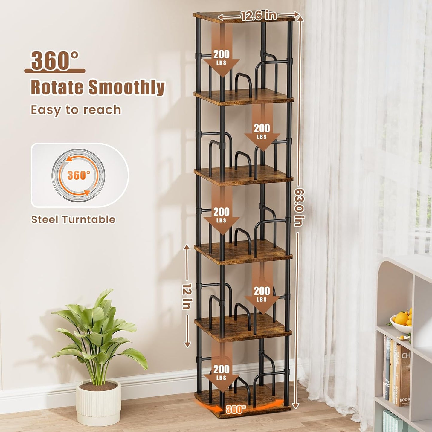 5 Tier Square Rotating Bookshelf, 360 ° Display Stackable Spinning Bookshelf Tower, Space Saving Tall Floor Standing Swivel Bookcase Corner Storage Organizer for Living Room, Rustic Brown, Small Size