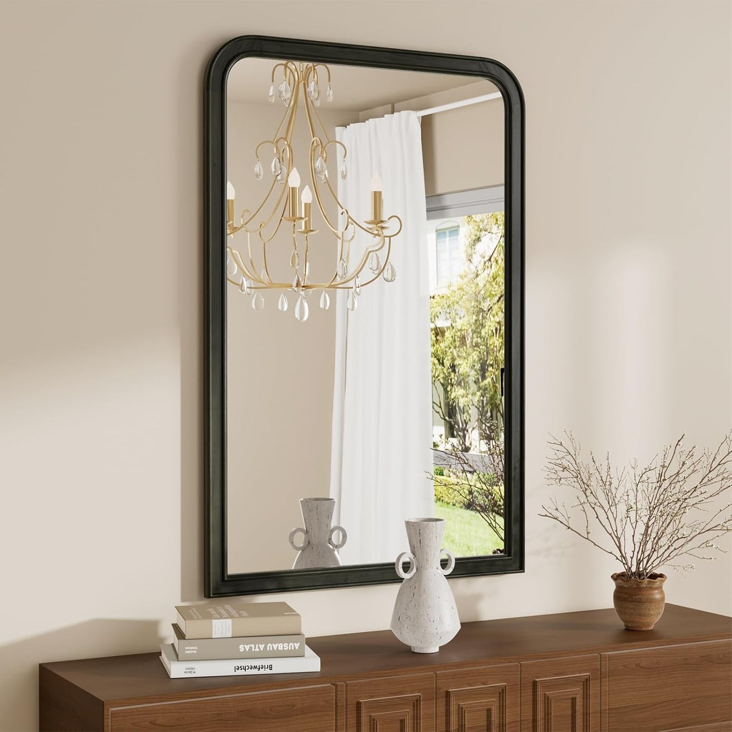 WallBeyond Wood Frame Bathroom Mirror 24" x 36" Wooden Arched Wall Mirror Farmhouse Style Bathroom Vanity Mirror for Home Decor Rectangle Mirror (Black)