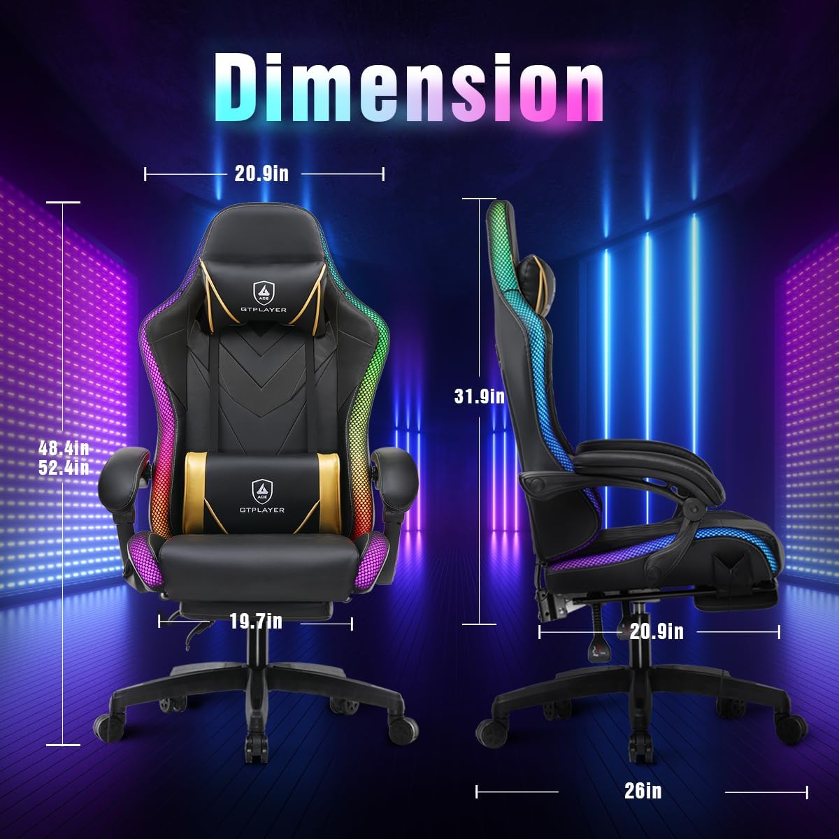GTPLAYER Gaming Chair, RGB Gaming Chairs with LED Lights, Video Gaming Chair for Adults, Ergonomic Computer Gaming Chair with Linkage Armrest, Reclining Chair with Headrest (Without Massage, Black)
