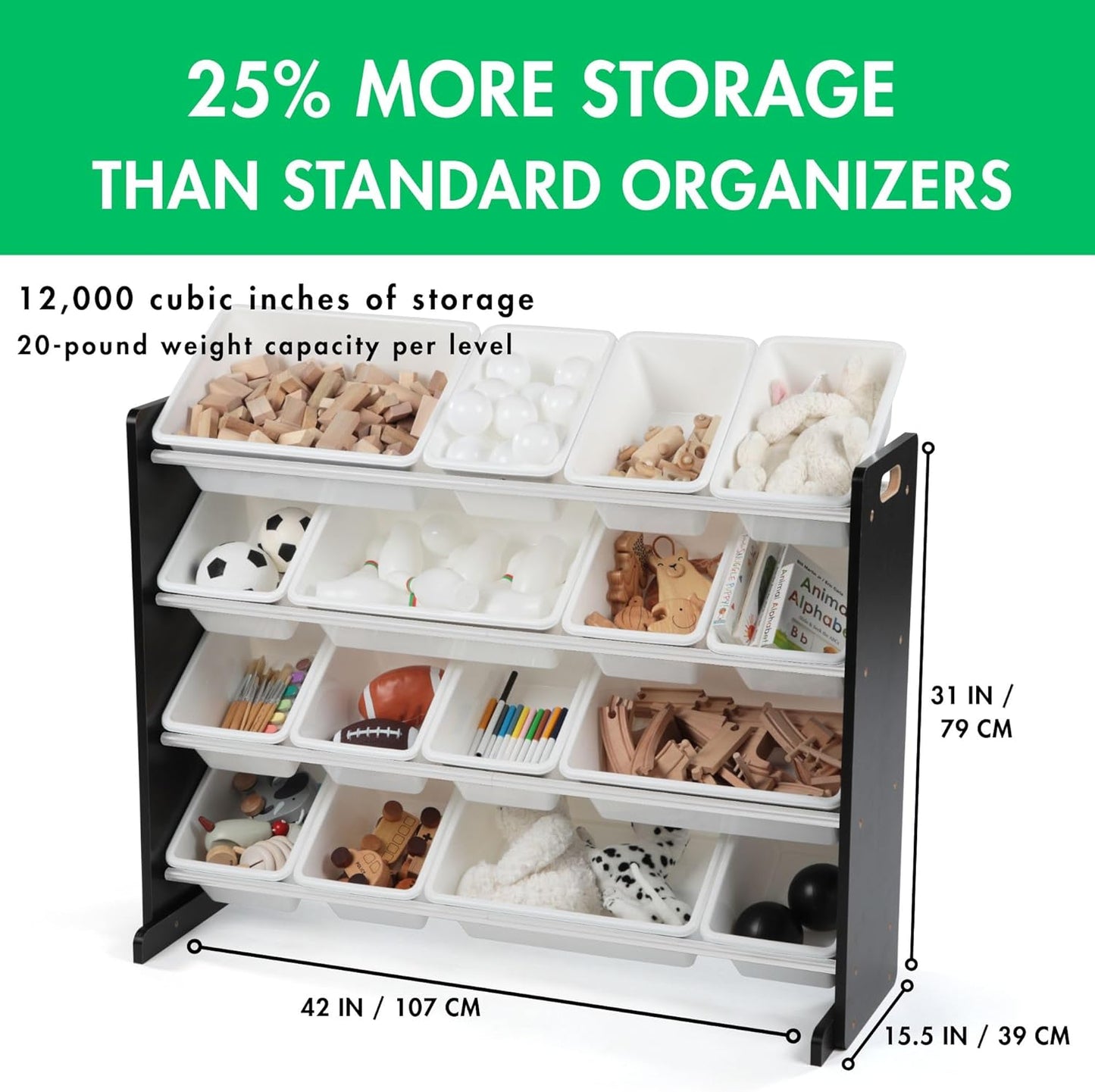 Humble Crew Supersized Toy Storage Organizer with 16 Removable Bins, Espresso/White – Large Toy Storage for Toddlers Ideal for Kids' Rooms, Playrooms, and Nurseries - Modern Toy Bins for Kids