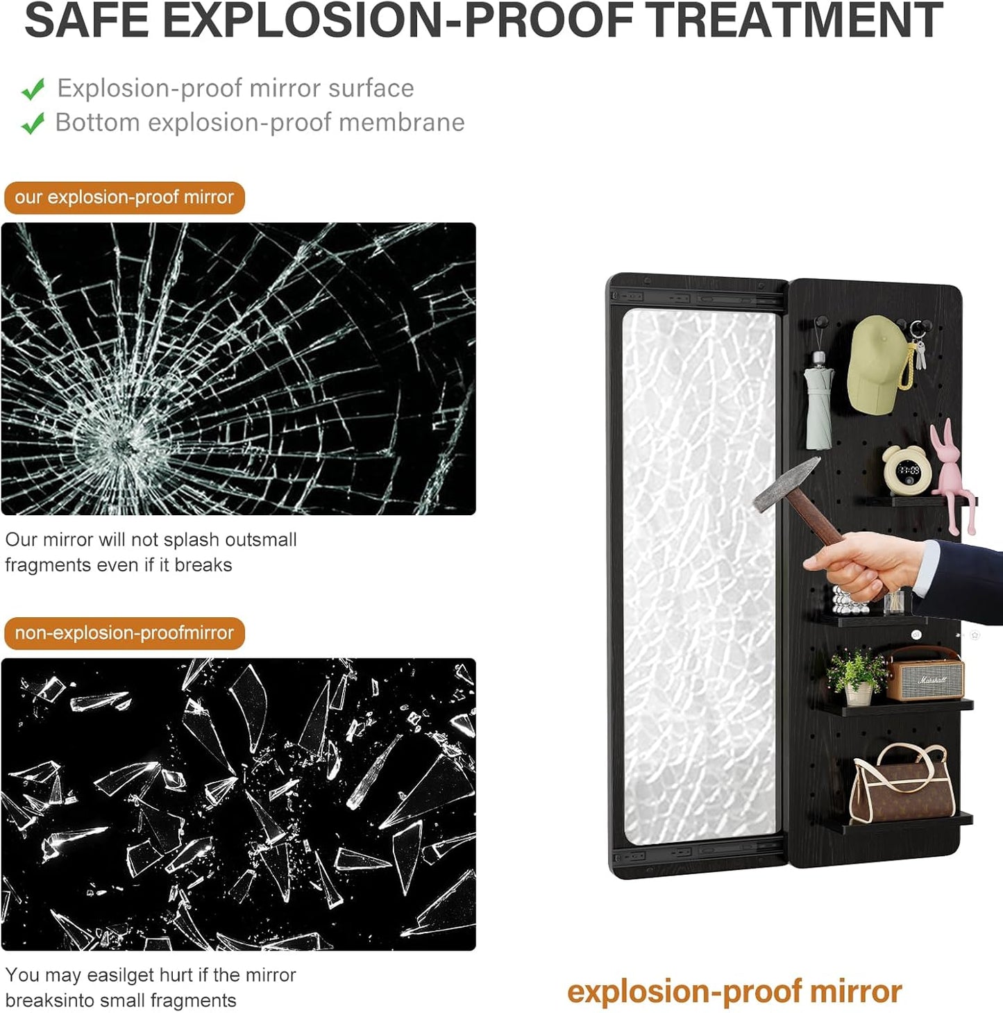 KungFuWood Full Length Mirror with Shelf and Hooks,Entry Way Mirrors for Wall,Wall Mirror with Shelf,Wall Mirror with Storage Multifunctional Design Panel,Living Room