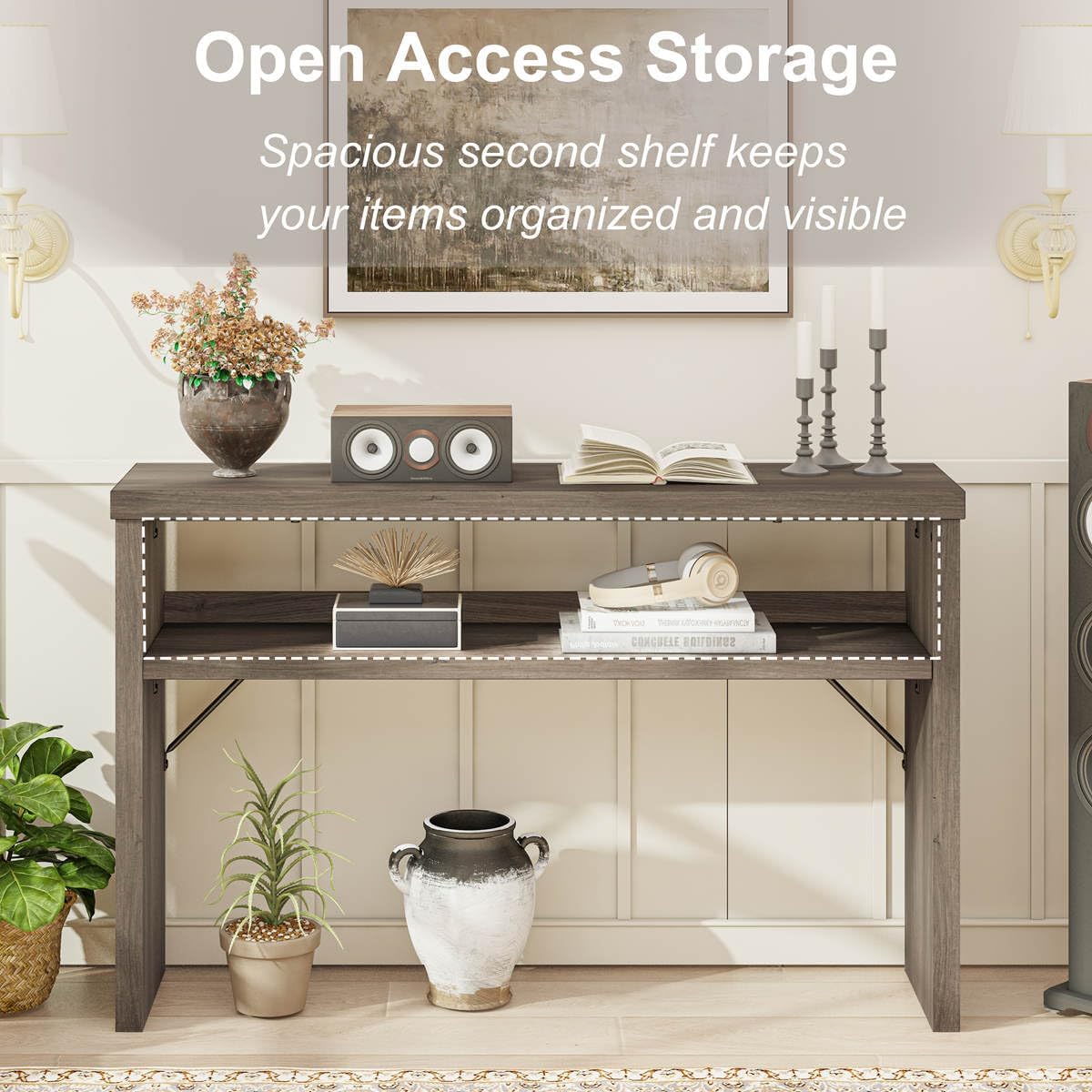 BON AUGURE Sofa Console Table, Wood Entryway Table, Grey Behind Couch Tables with Open Storage, Modern Narrow Hallway Tables (Greige Oak, 47 Inches)