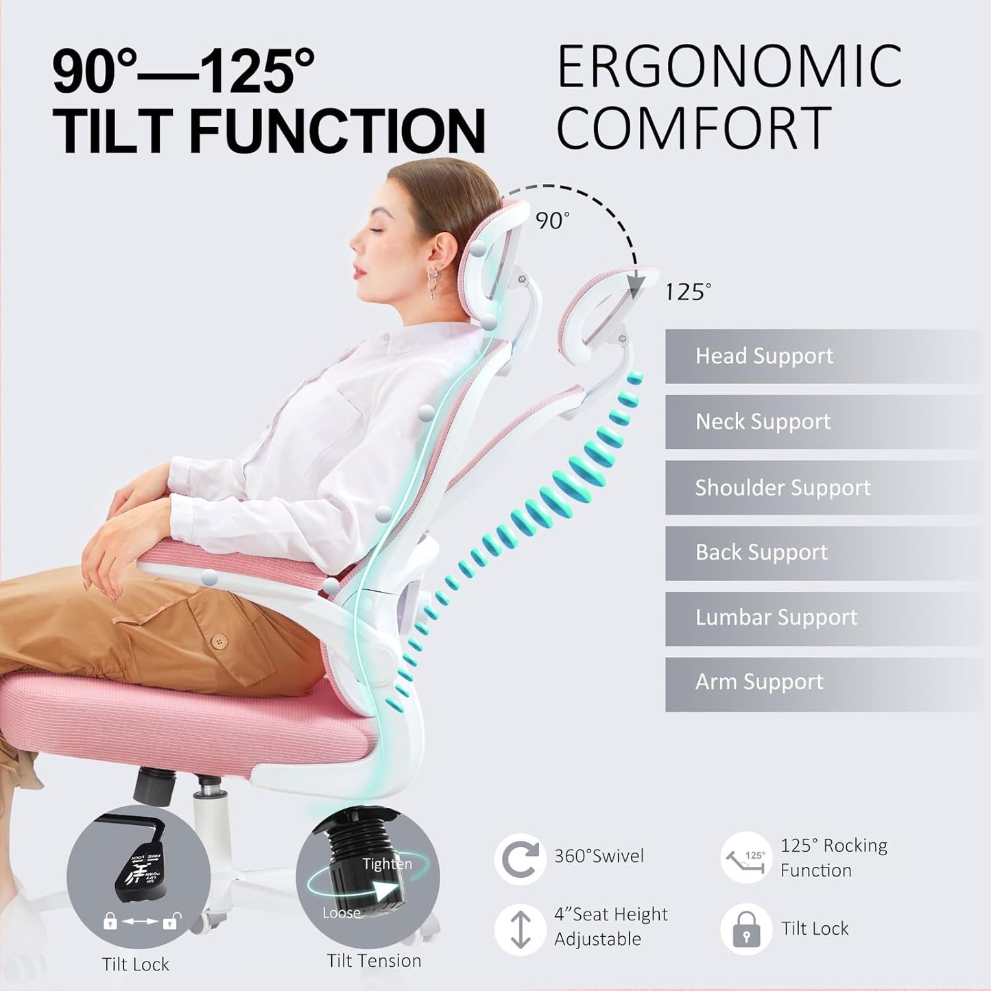 Ergonomic Office Chair,Ultra Thick Office Desk Chair with Adjustable Lumbar Support and Headrest,Spring Cushion,Rocking Function,Flip-up arms,Mesh Computer Chair for Home Office,Pink