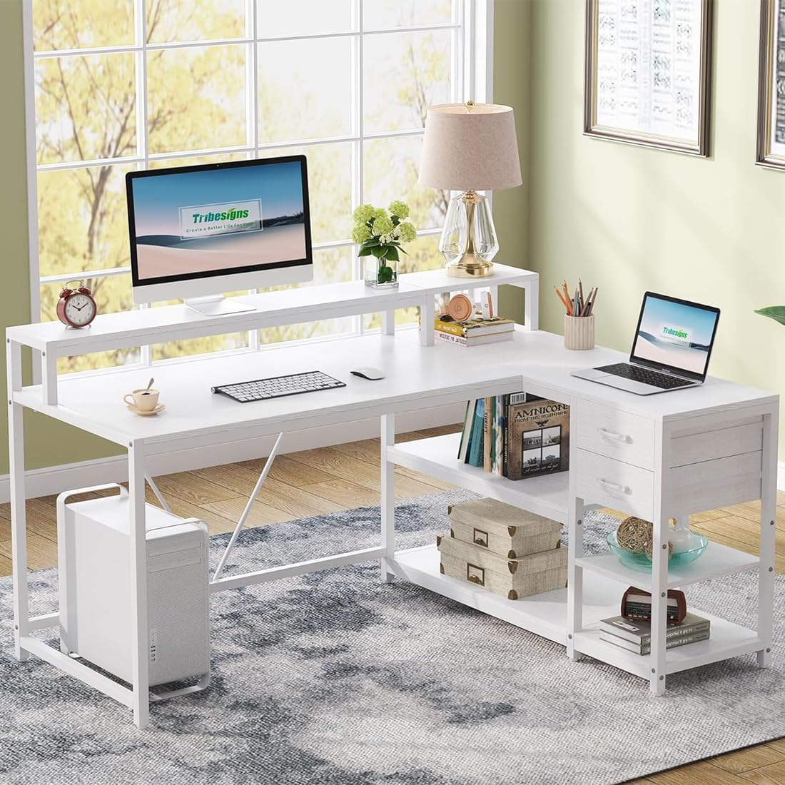 Tribesigns 55-inches Reversible L Shaped Desk with Drawer, Modern White L Corner Desk Home Office Table with Storage Shelves and Monitor Stand, Wooden and Metal PC Desk for Small Space