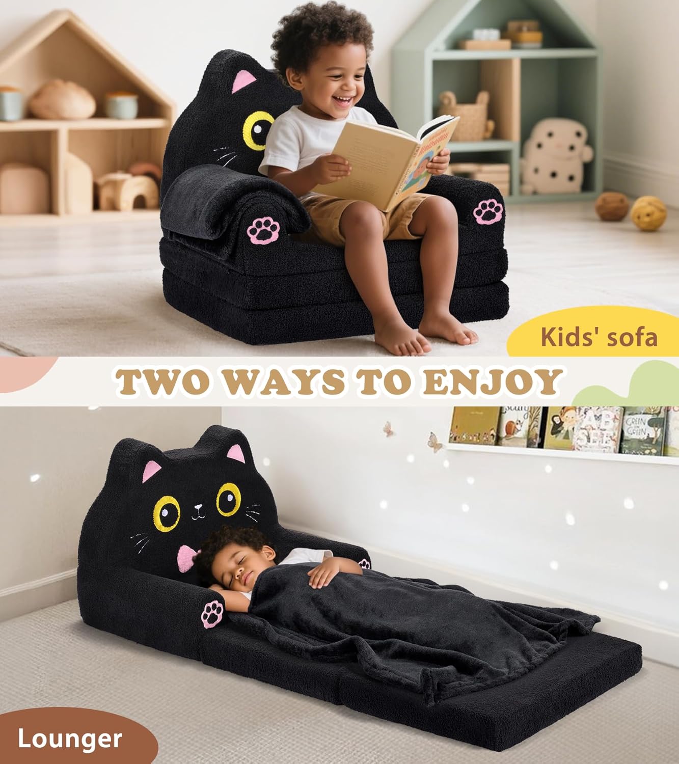 Kids Couch, 2-in-1 Soft Toddler Couch Fold Out with Blanket, Chair Comfy, Foldable Convertible Plush Sofa to Lounger, Gifts for Kids Girl Boys, Black Kitty