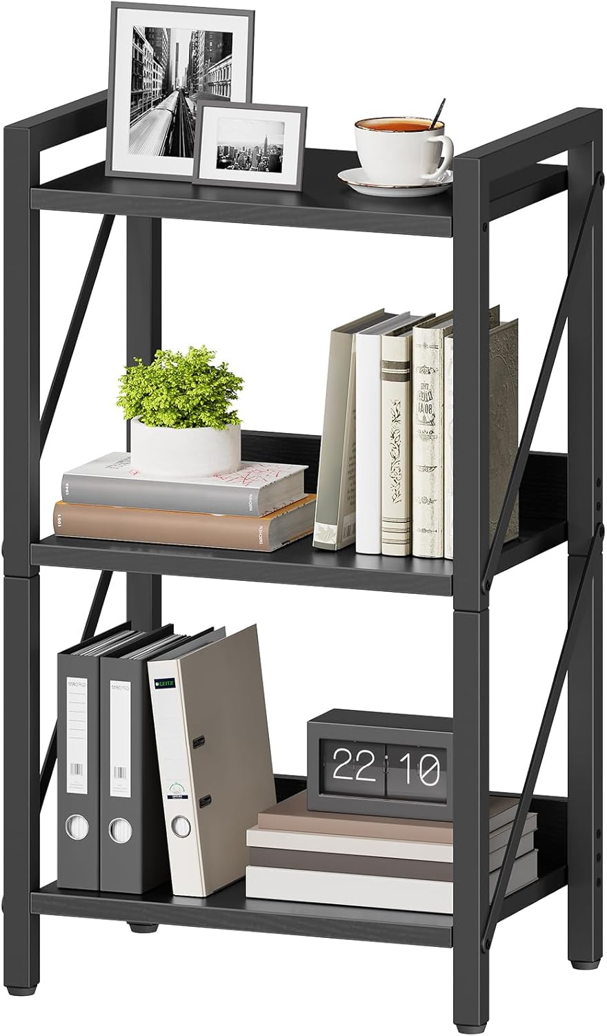HOOBRO Bookshelf, 3-Tier Industrial Bookcase, Book Shelf Storage Organizer, Small Bookshelf with Metal Frame for Living Room, Bedroom, Home Office, Kitchen, Black BB71SJ01