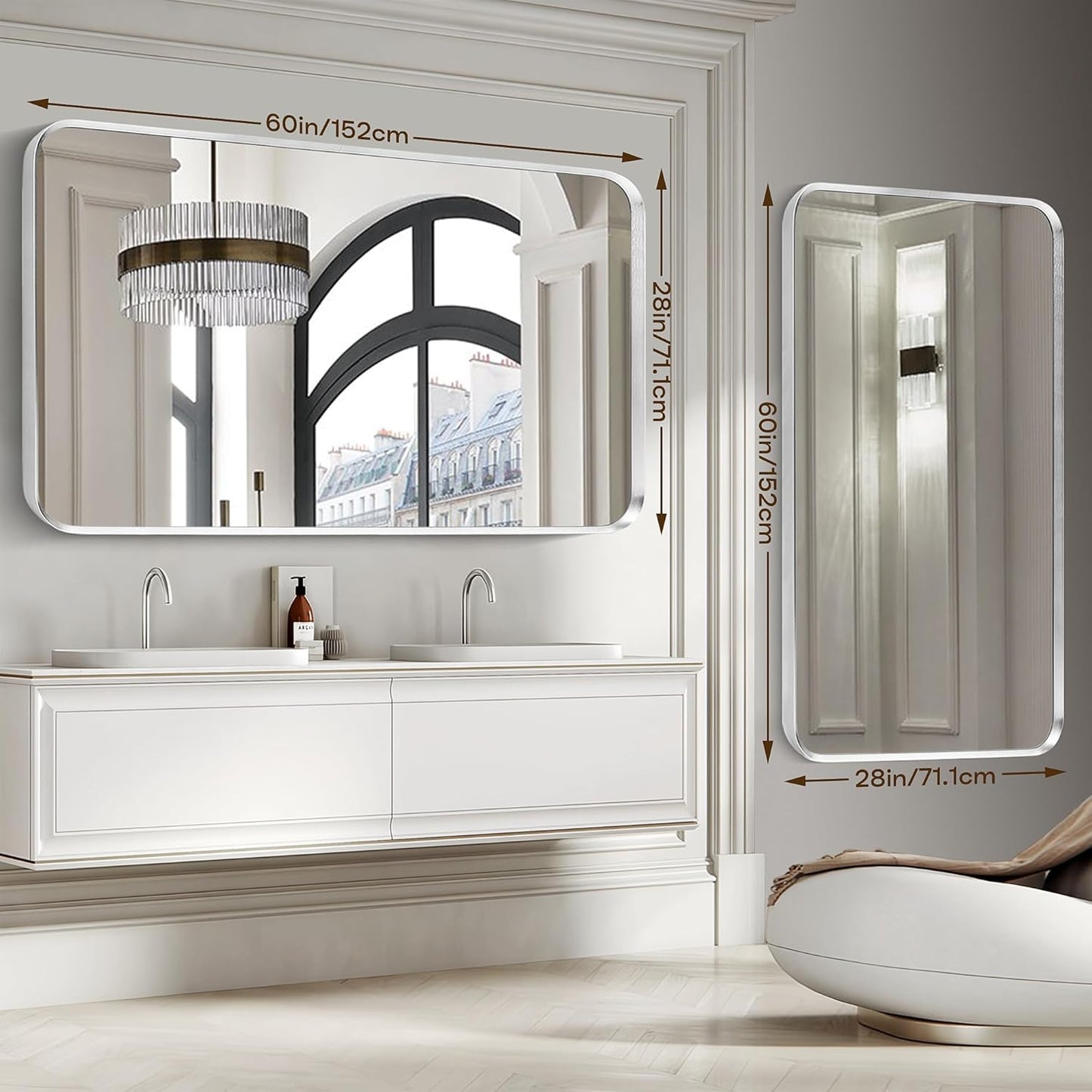 Brushed Nickel Bathroom Wall Mirror, Silver Metal Framed Large Rounded Corner Rectangle Mirror, Tempered Glass, Shatter Proof, Hangs Horizontally or Vertically (28" x 60", Silver)