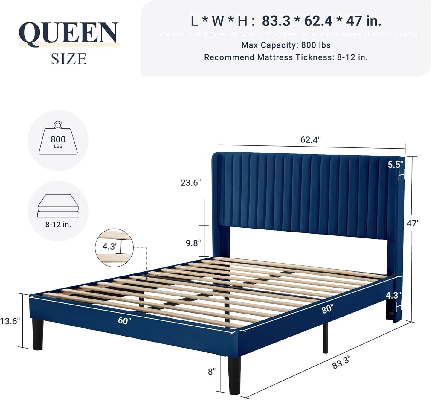 Allewie Queen Size Velvet Bed Frame/Vertical Channel Tufted Wingback Headboard/Upholstered Platform Bed/Strong Wooden Slats/No Box Spring Needed/Easy Assembly/Dark Blue