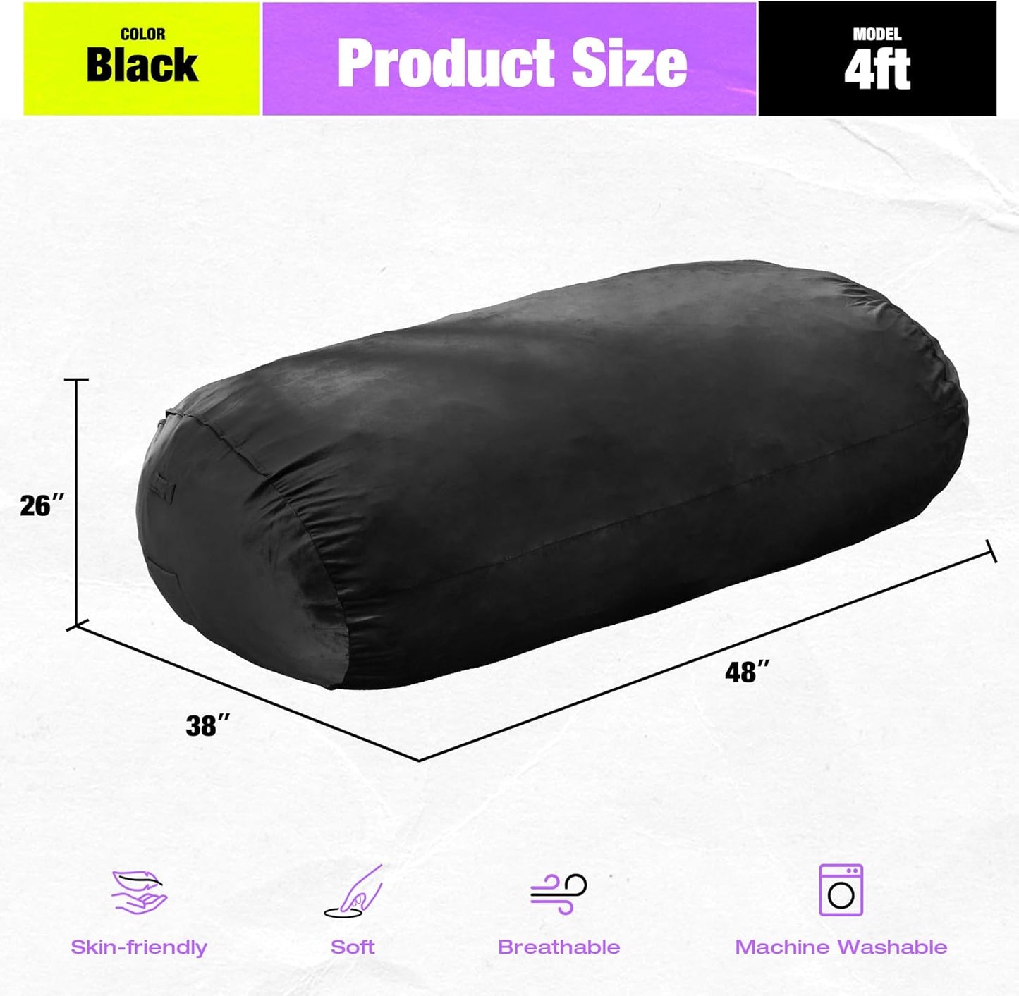 Hobestluk 4FT Bean Bag Chair Large Beanbag with Removable Cover Adult Bean Bag Chair with Portable Handle Desgin for Living Room Bedroom (Black, 4FT)