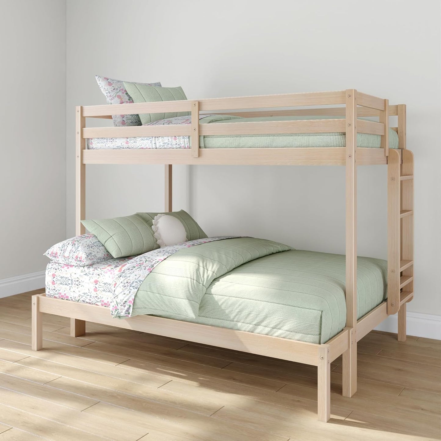 Grain & Grove Bear Twin Over Full Bunk Bed, Sturdy Bunk Bed Frame for Kids, Plywood Bunk with Ladder, Guardrail, and Slats, No Box Spring Required, Oak Embossed Natural