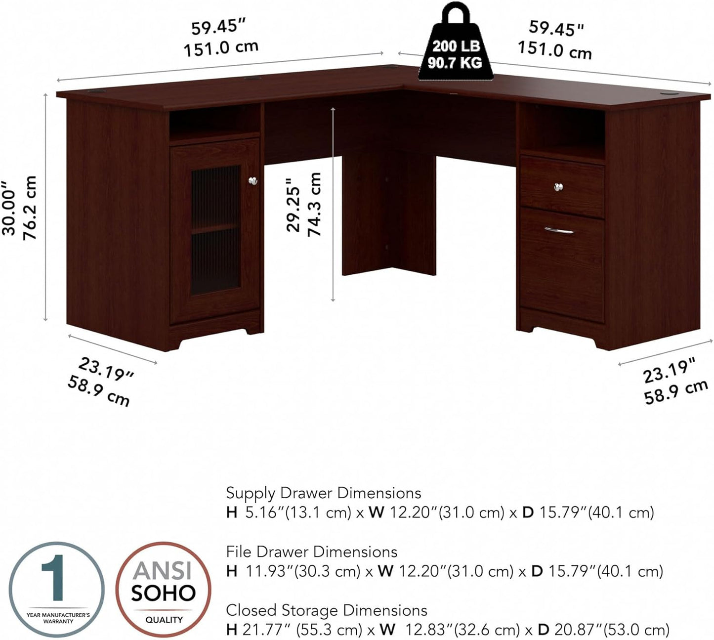Bush Furniture Cabot L Shaped Computer Desk in Harvest Cherry | Corner Table with Drawers for Home Office