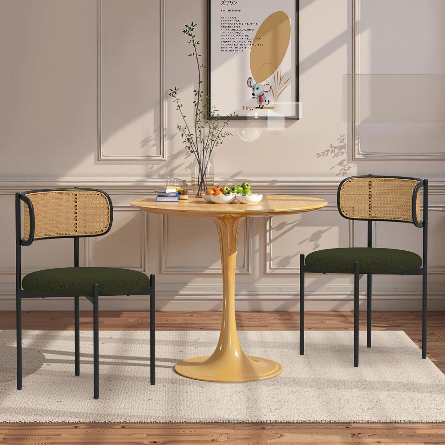 Mid Century Modern Dining Chairs Set of 2 with Rattan Backrest,Velvet Upholstered Accent Kitchen & Dining Room Chairs with Sturdy Metal Frame,Green