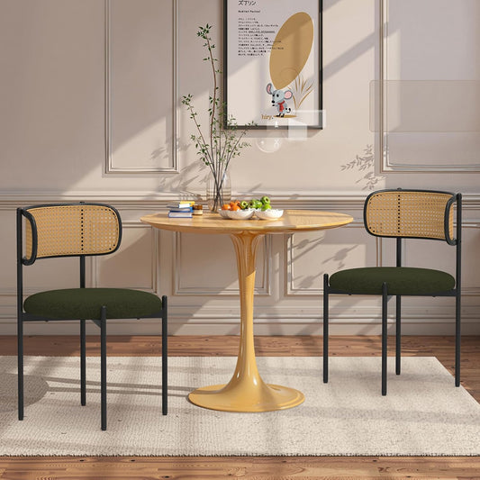 Mid Century Modern Dining Chairs Set of 2 with Rattan Backrest,Velvet Upholstered Accent Kitchen & Dining Room Chairs with Sturdy Metal Frame,Green