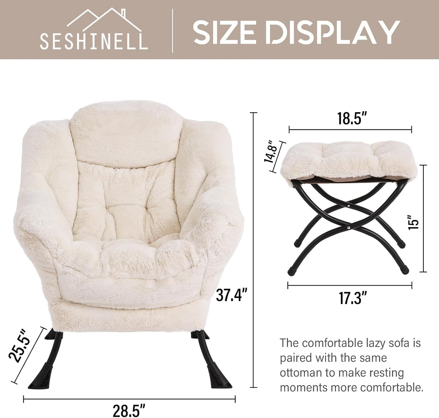 Lazy Chair with Ottoman, Modern Accent Chair Lounge Leisure Sofa Chair with Armrests, Reading Chair and Folding Footstool for Living Room, Bedroom, Office, Plush Beige