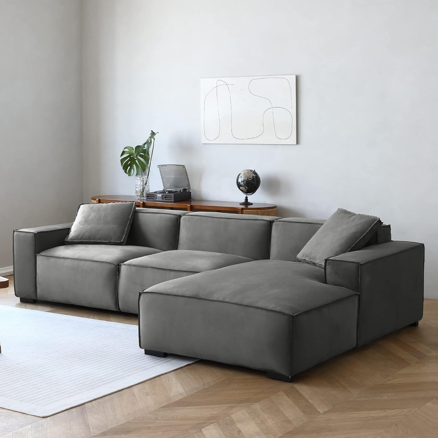 Acanva Modern L-Shaped Deep Sectional Sofa Furniture Set for Living Room Lounge, Minimalist Style Comfy Suedette Upholstery Corner Couch with Chaise, Dark Grey