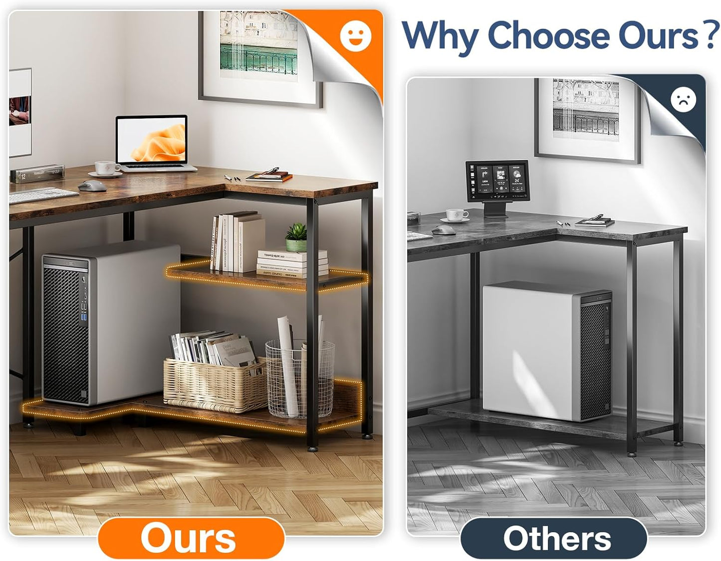 Casaottima L Shaped Computer Desk, 48 Inch Small Corner Desk with Storage Shelves & PC Stand, Reversible Gaming Desk for Bedroom, Modern Writing Study Table for Home Office, Vintage