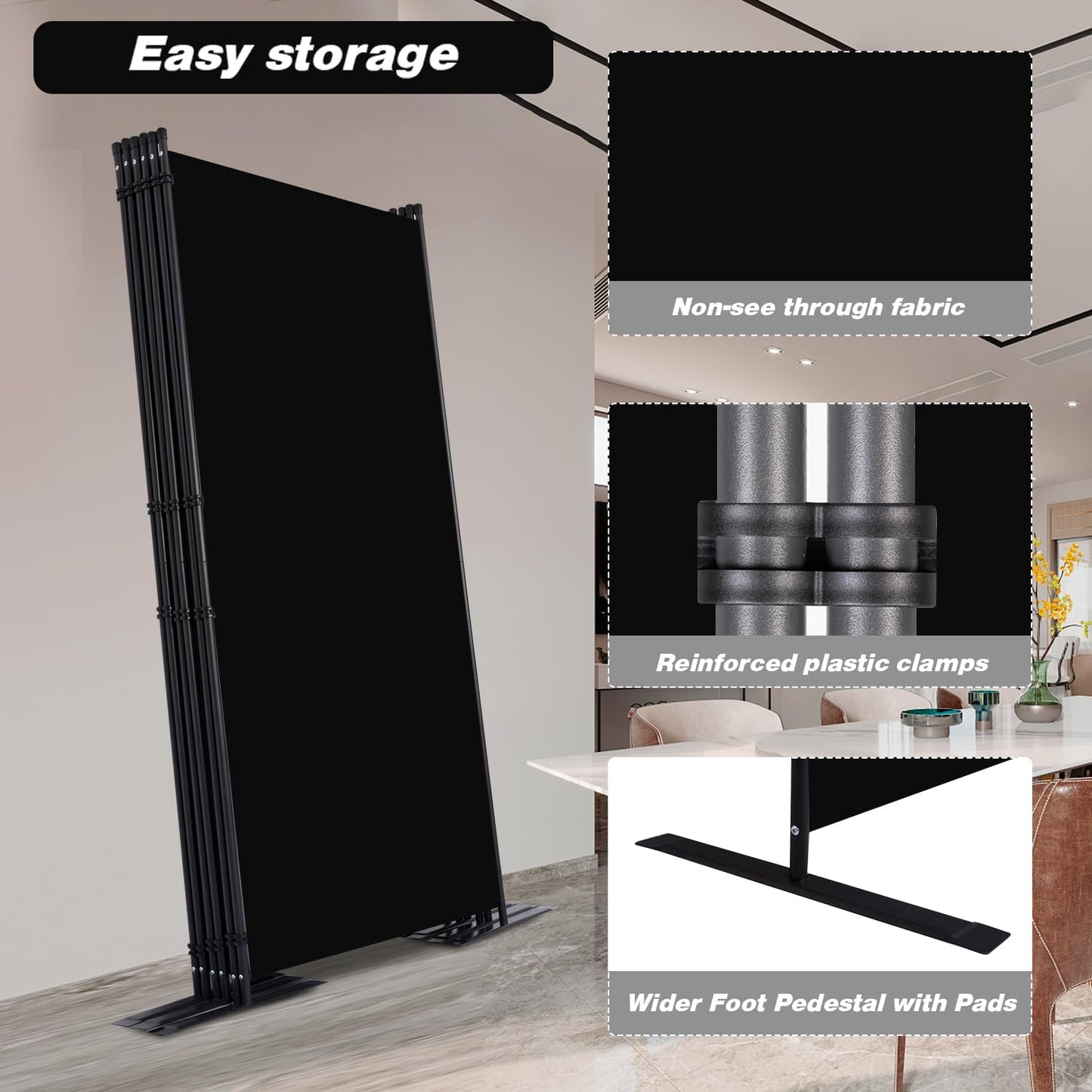 Room Divider, 6 Panel Folding Privacy Screens with Wider Support Feet, 6 Ft Portable Room Partition for Room Separator, 204" W X 71" H, Black