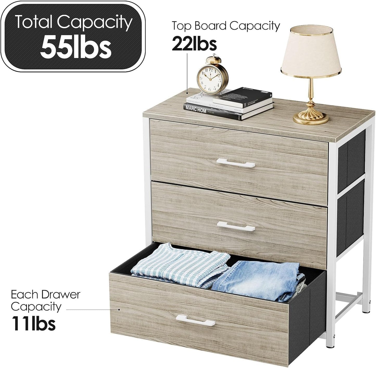 Nightstand, End Table, Bedside Table, Tall Fabric Dresser with 3 Drawer, White Drawers Small Chests of Drawers Organizer Storage Tower with Steel Frame, Wooden Top & Front for Bedroom