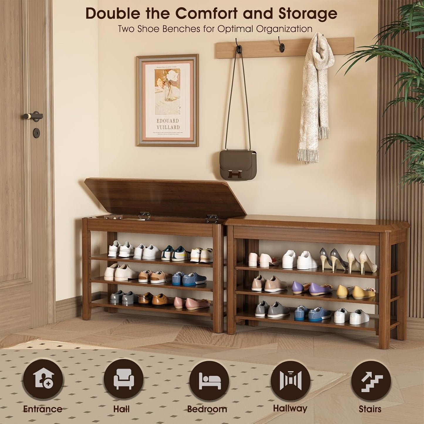 Shoe Rack Bench Seat Rubberwood 3-Tier Wooden Storage Bench 550lbs Compact Mid-Century Modern Design for Entryway, Hallway, Closet, Front Door Entrance, Foyer