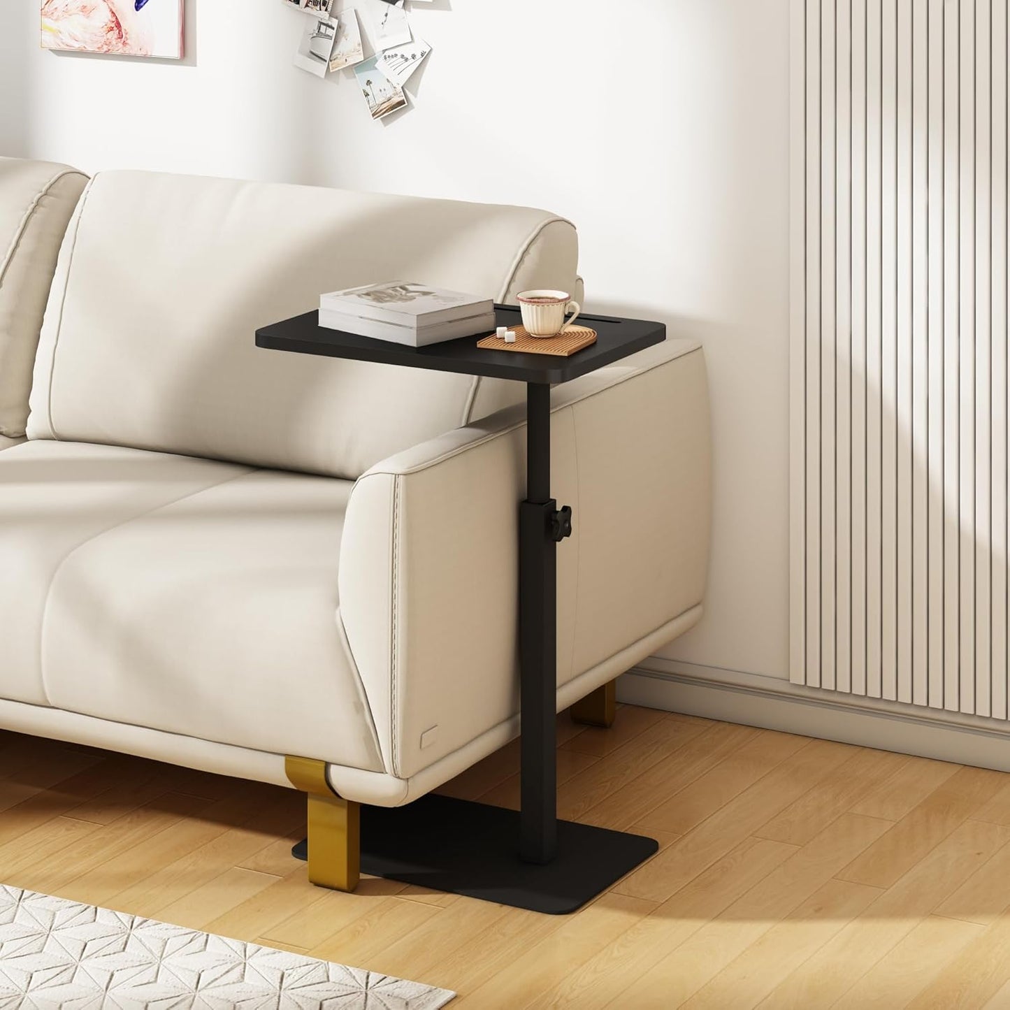 Forevich Bamboo Sofa Tray Table C Shaped Side End Table with Metal Base, Adjustable Height Swivel Snack Couch for Bed Small Spaces Living Room Black Table and Black Base