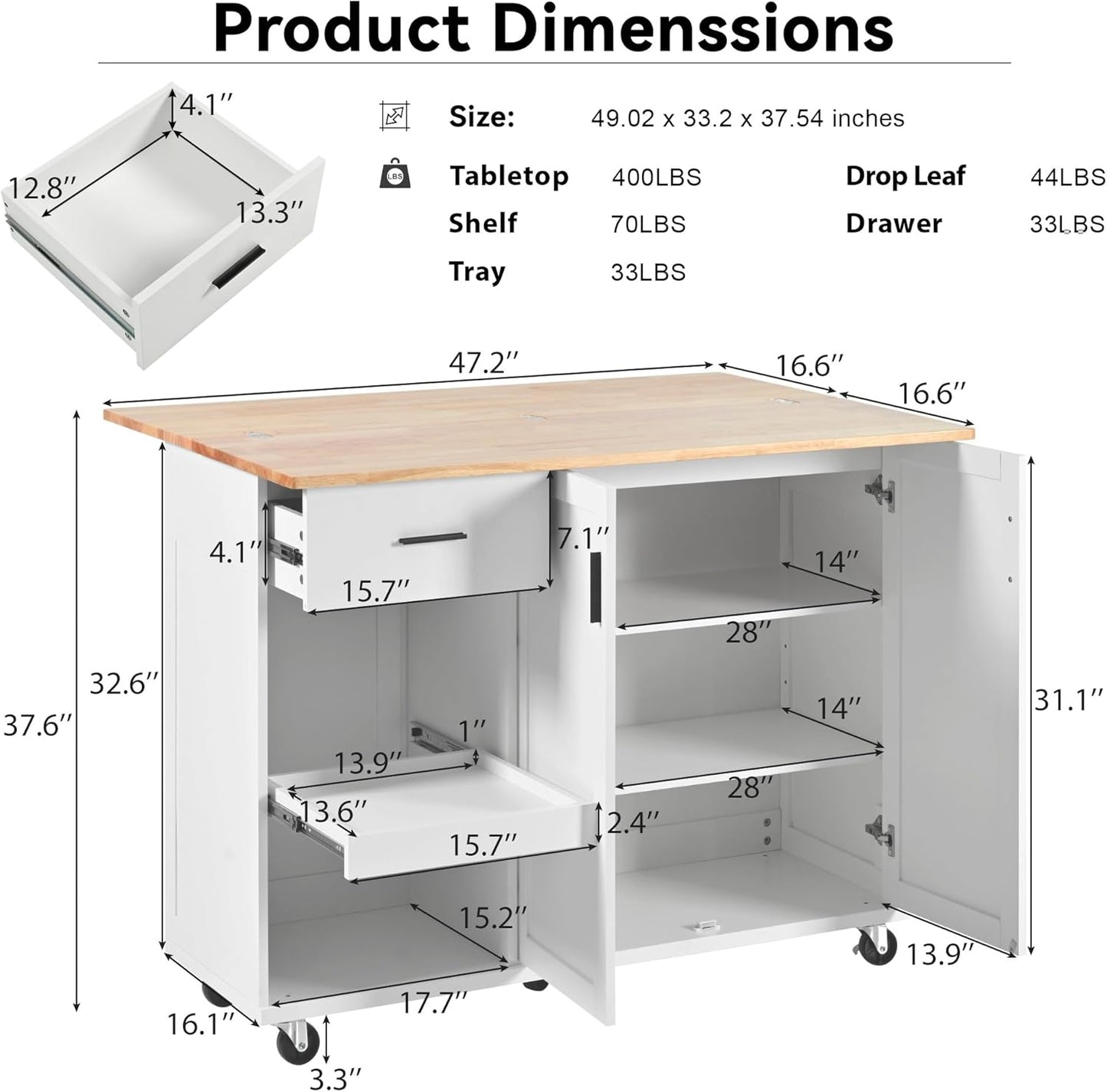 49" Foldable Kitchen Island Cart, White with Slide-Out Shelf, Towel Rack & Drawer, Rolling on Wheels, for Living & Dining Rooms