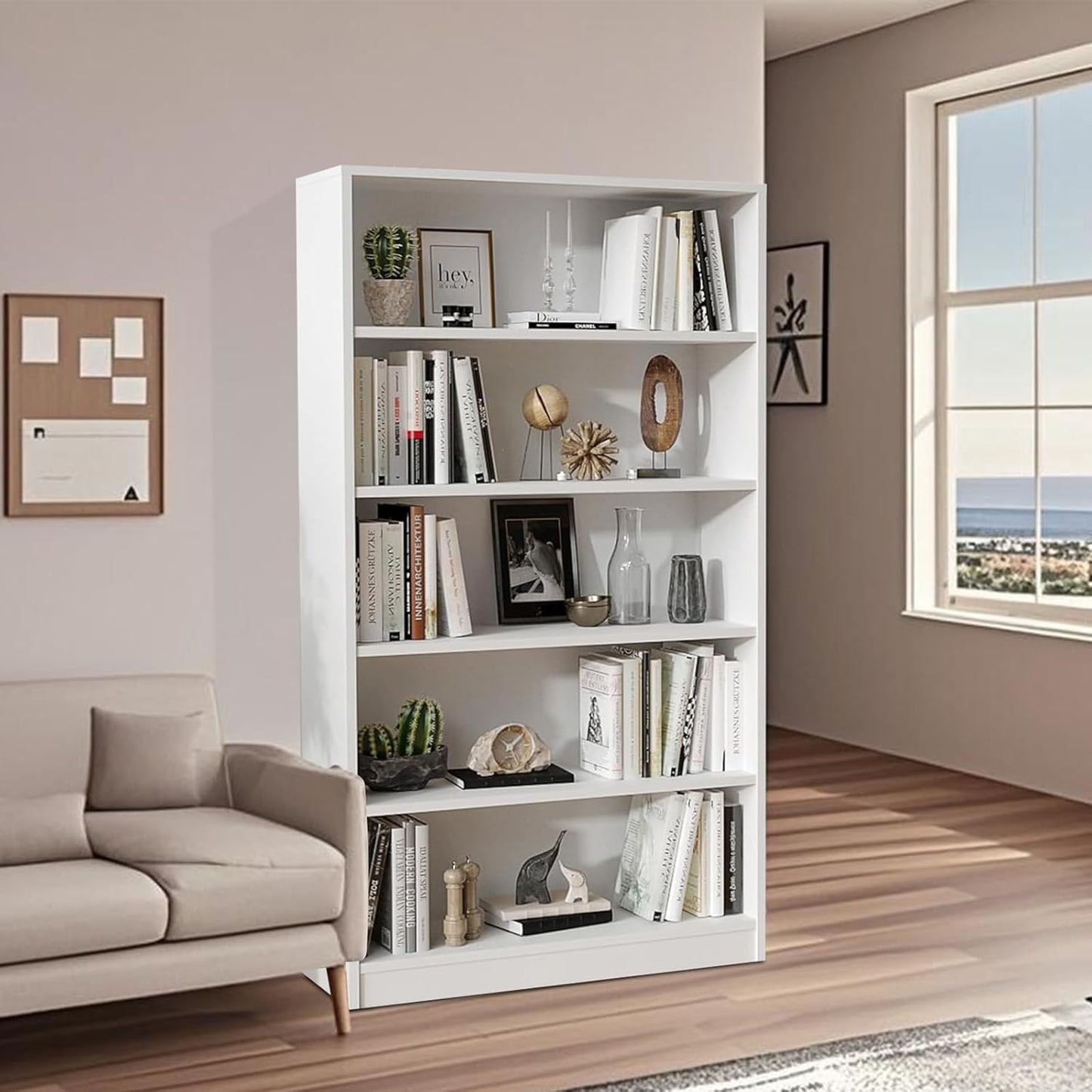 Wooden Bookshelf with Adjustable Shelves, 5 Tier Tall Bookcase for Living Room, Office or Small Spaces,Heavy Dute Bookshelves Storage Organizer, Manga Bookshelf for Collectors,60 Inch,White