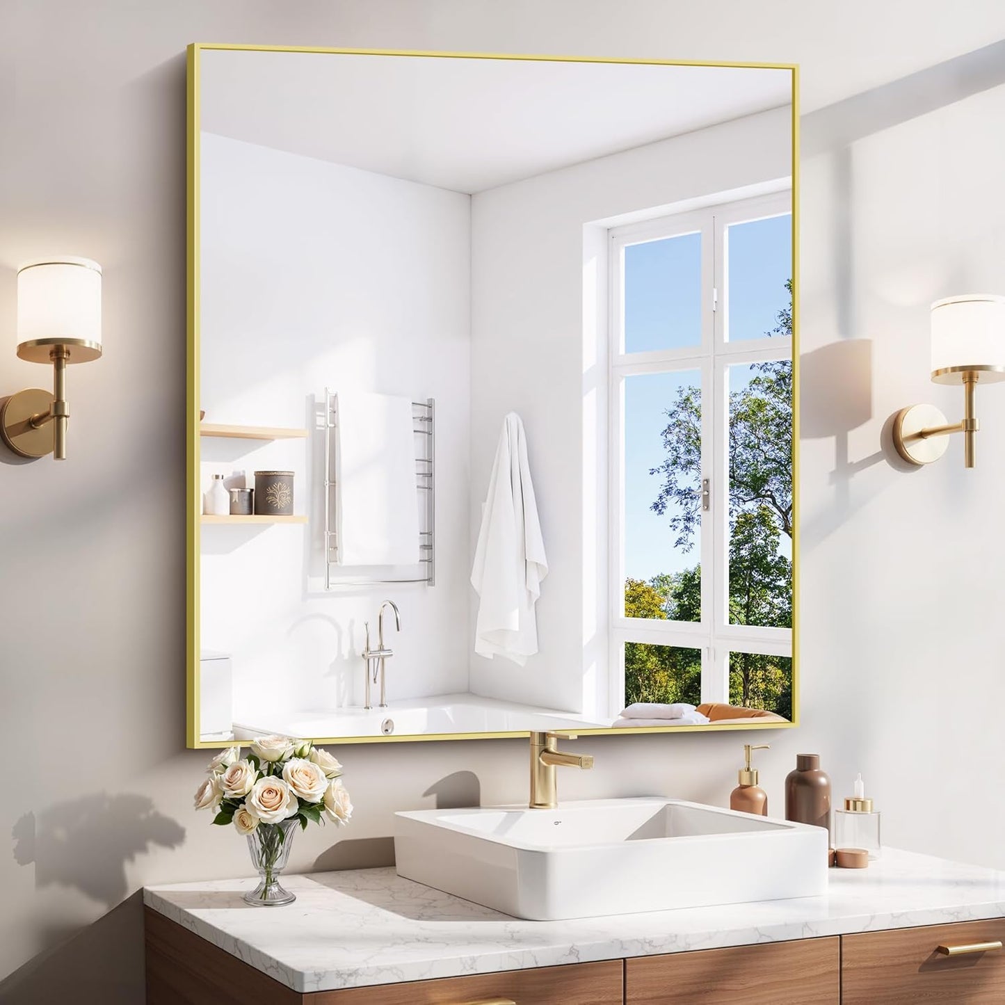 YIROMAN Bathroom Mirror 36"x40", Large Brushed Gold Bathroom Mirror for Over Sink with Aluminum Frame, Rectangular Vanity Mirror with Right Angle, Wall Mirror Hangs Horizontal or Vertical