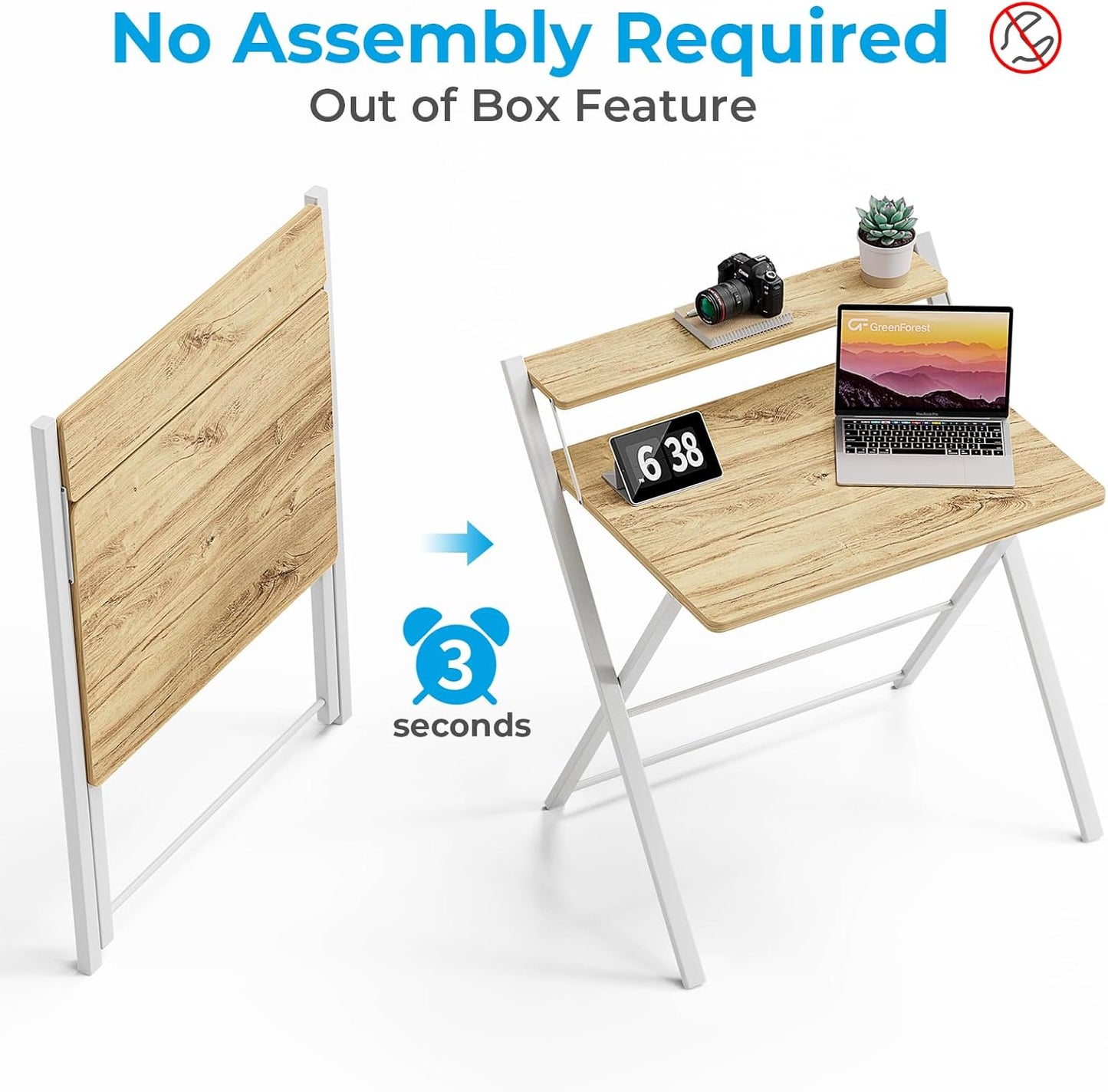 GreenForest No Assembly Folding Desk, 2-Tier Compact Computer Desk with Shelf, 30 inch Space Saving Foldable Table for Home Office, Dorm or Apartment, Portable Collapsible Sturdy Laptop Desk, Oak