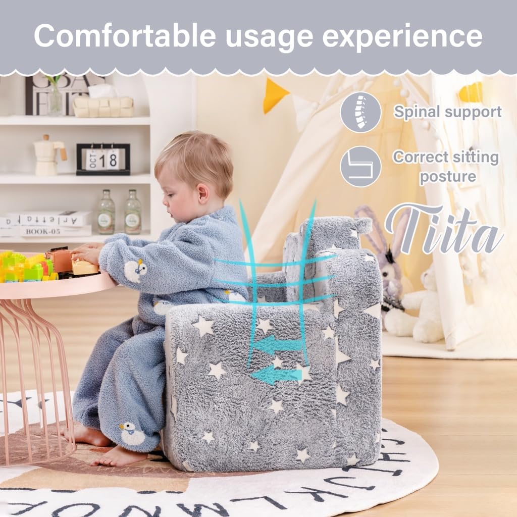 Tiita Kids Couch Plush Toddler Chair, Cloud-Like Glow in The Dark Kids Sofa Toddler Reading Chair with Washable Cover Carrying Handle, Convertible Children Sofa Chair for Girls and Boys